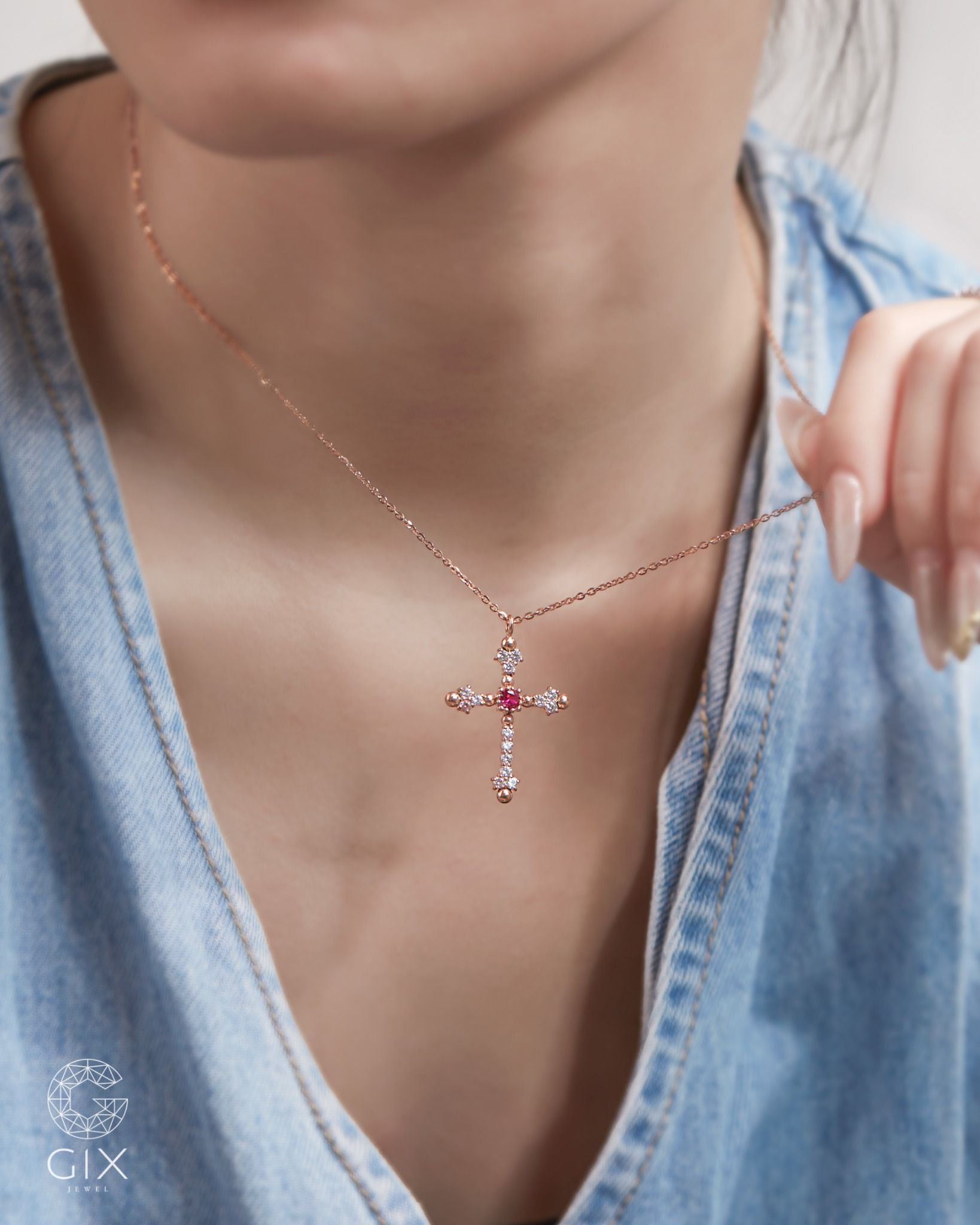  Vòng cổ chữ thập vàng 18k s925 sợi mỏng kiểu mới đính kim cương đẹp Gix 