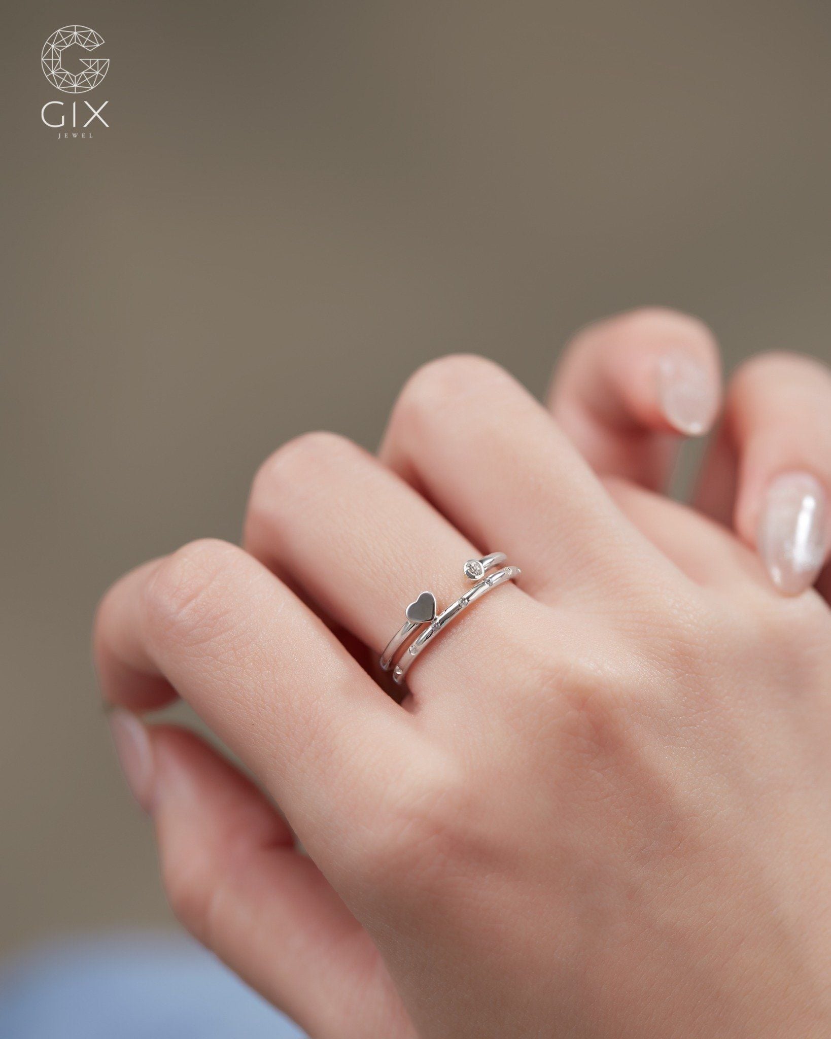  Nhẫn kiểu nữ trái tim ghép set layer đính kim cương | Gix Jewel 