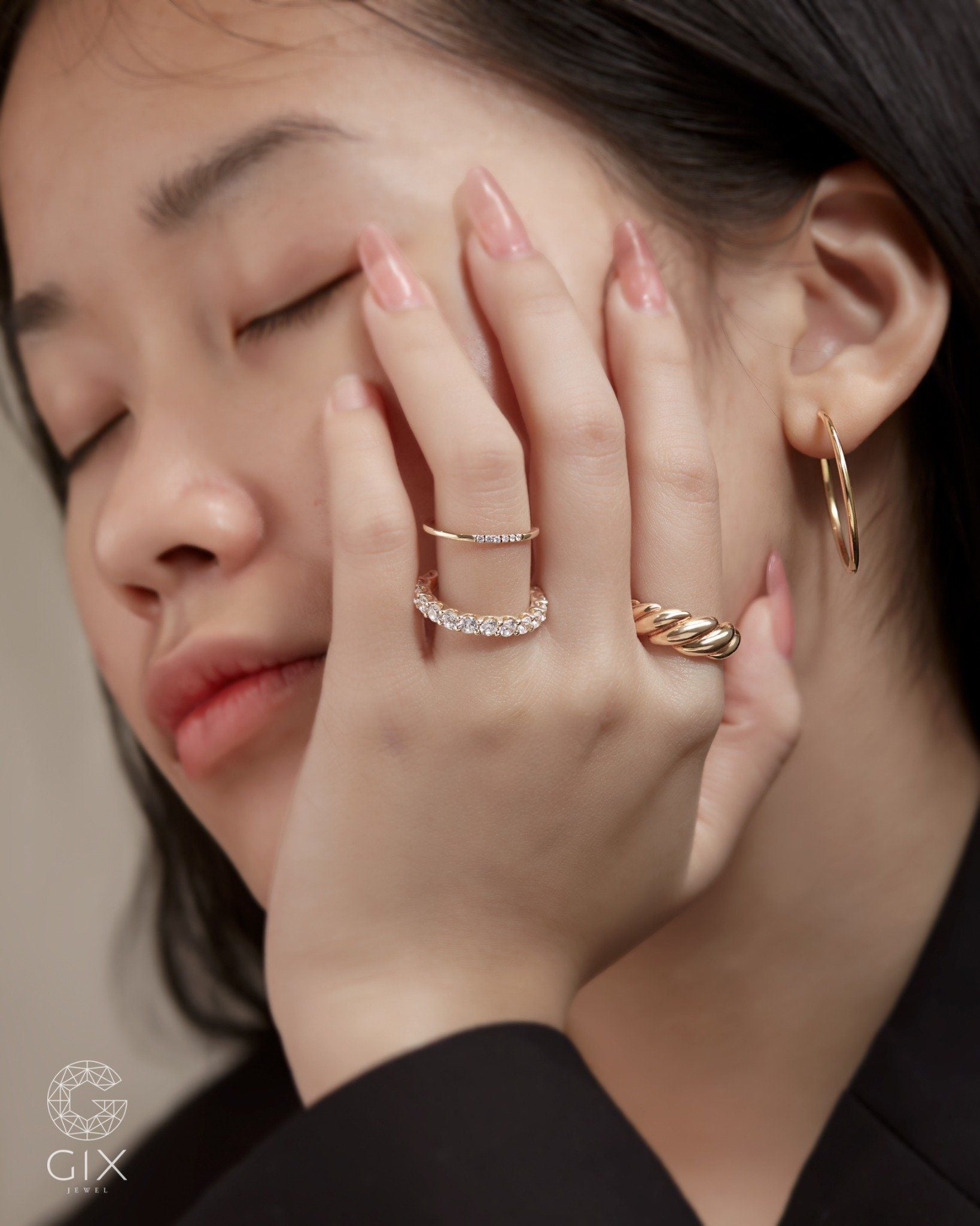  Nhẫn vàng 18k & bạc nữ kiểu đẹp bản to Croissant đeo sang trọng Gixjewelry 