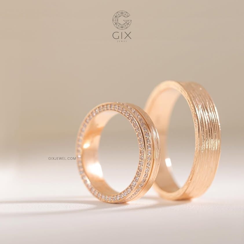  Nhẫn cưới mới nhất vàng hồng đẹp rose gold đính full kim cương thiết kế độc đáo Gix 