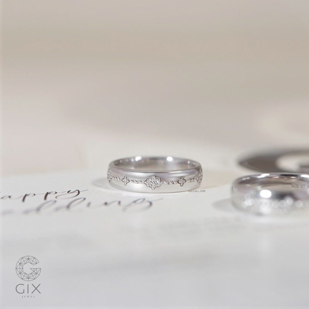 Nhẫn cưới vàng 14k hoa văn đẹp đính kim cương Gix - GCR25050112