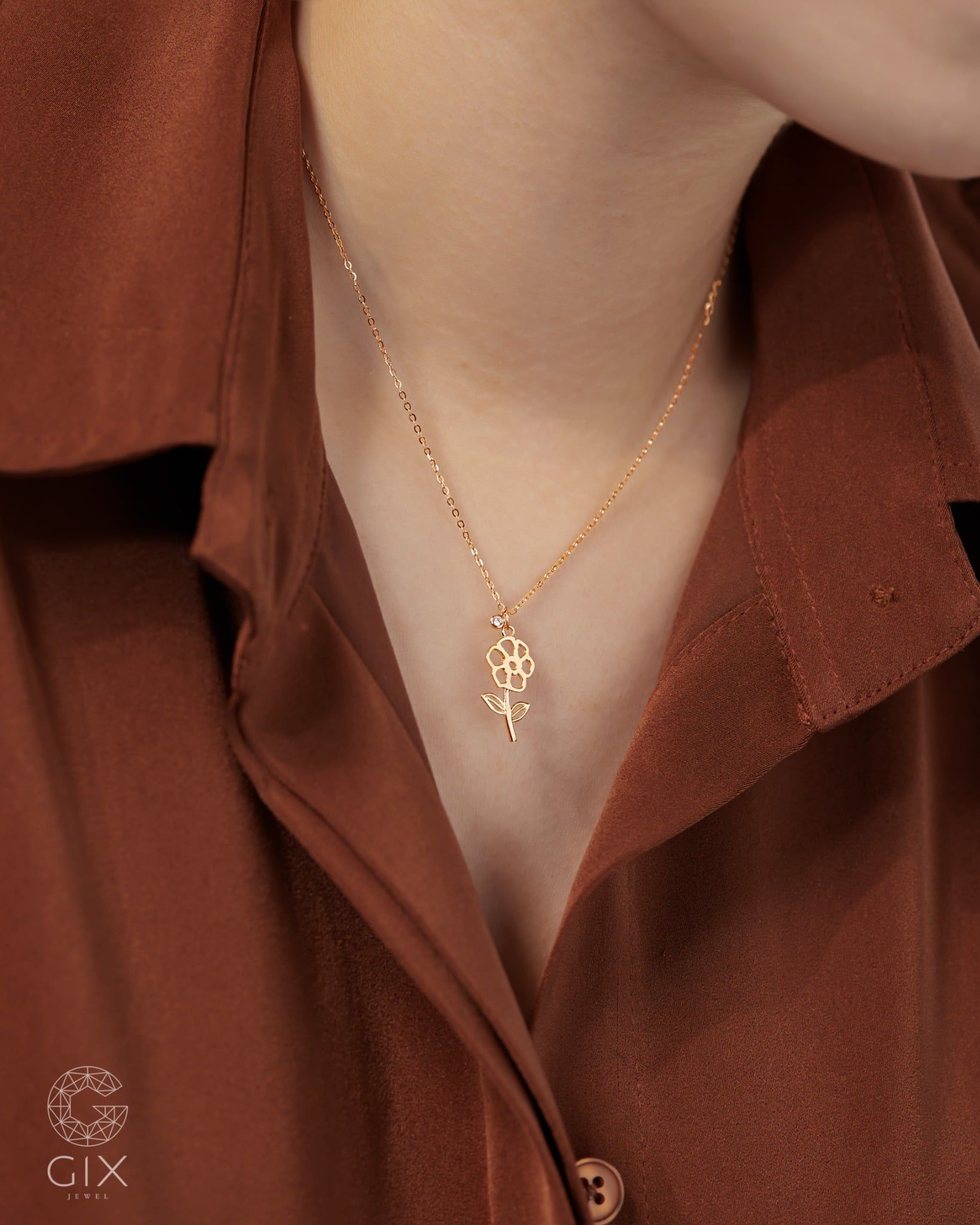  Dây chuyền vàng tây sợi mảnh hình mặt hoa kèm charm đá | Gix Jewel 