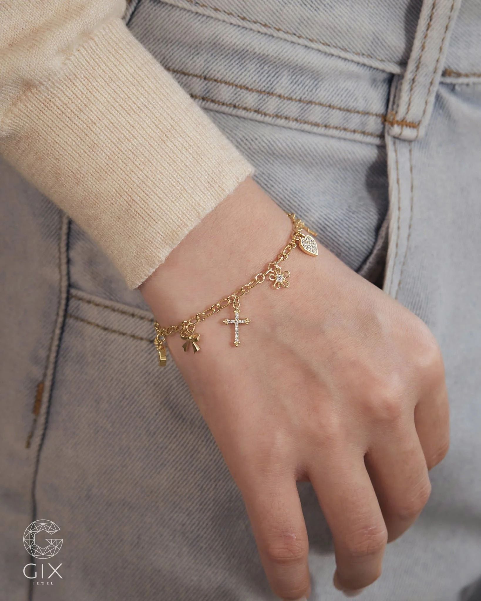  [CÓ SẴN] Lắc tay xích bạc mạ vàng gắn charm 