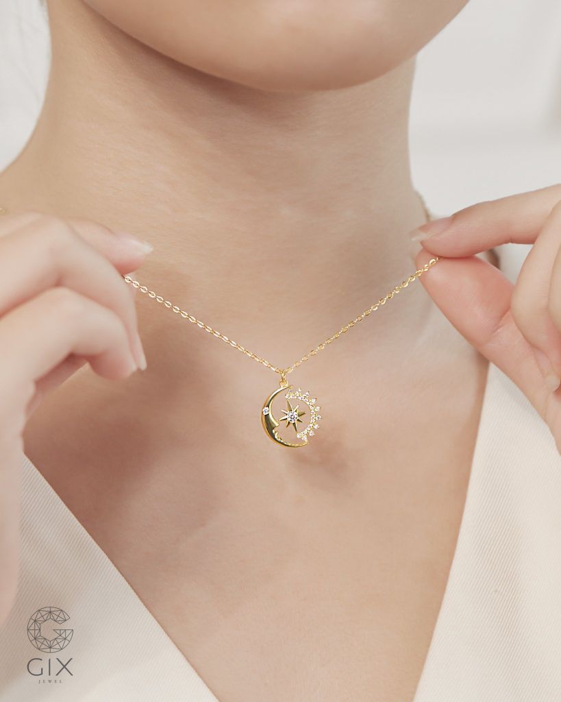  Dây chuyền vàng tây 18k hình sao trăng đính đá - Blooming Aura | Gixjewel 