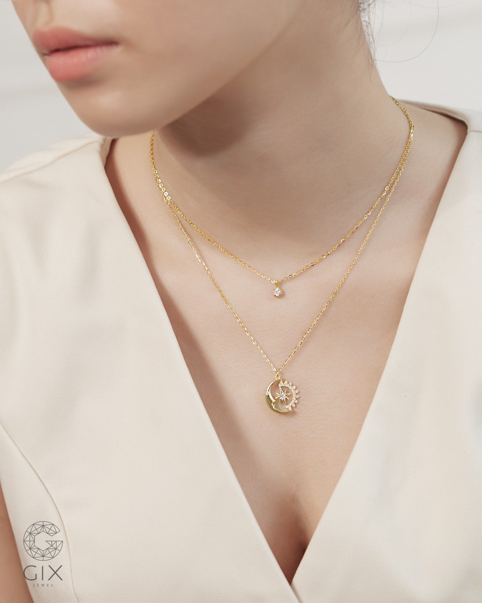  Dây chuyền vàng tây 18k hình sao trăng đính đá - Blooming Aura | Gixjewel 