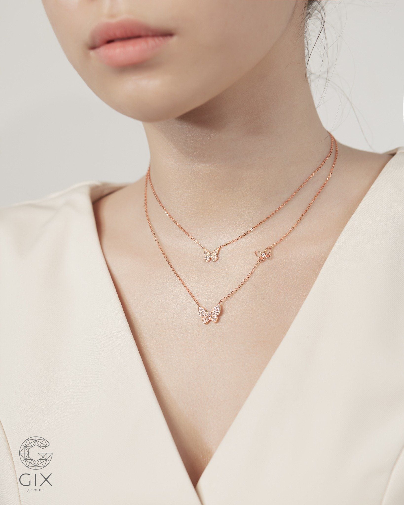 Dây chuyền vàng hồng 18k hình bướm đính kim cương - Butterfly Lace | Gixjewel 