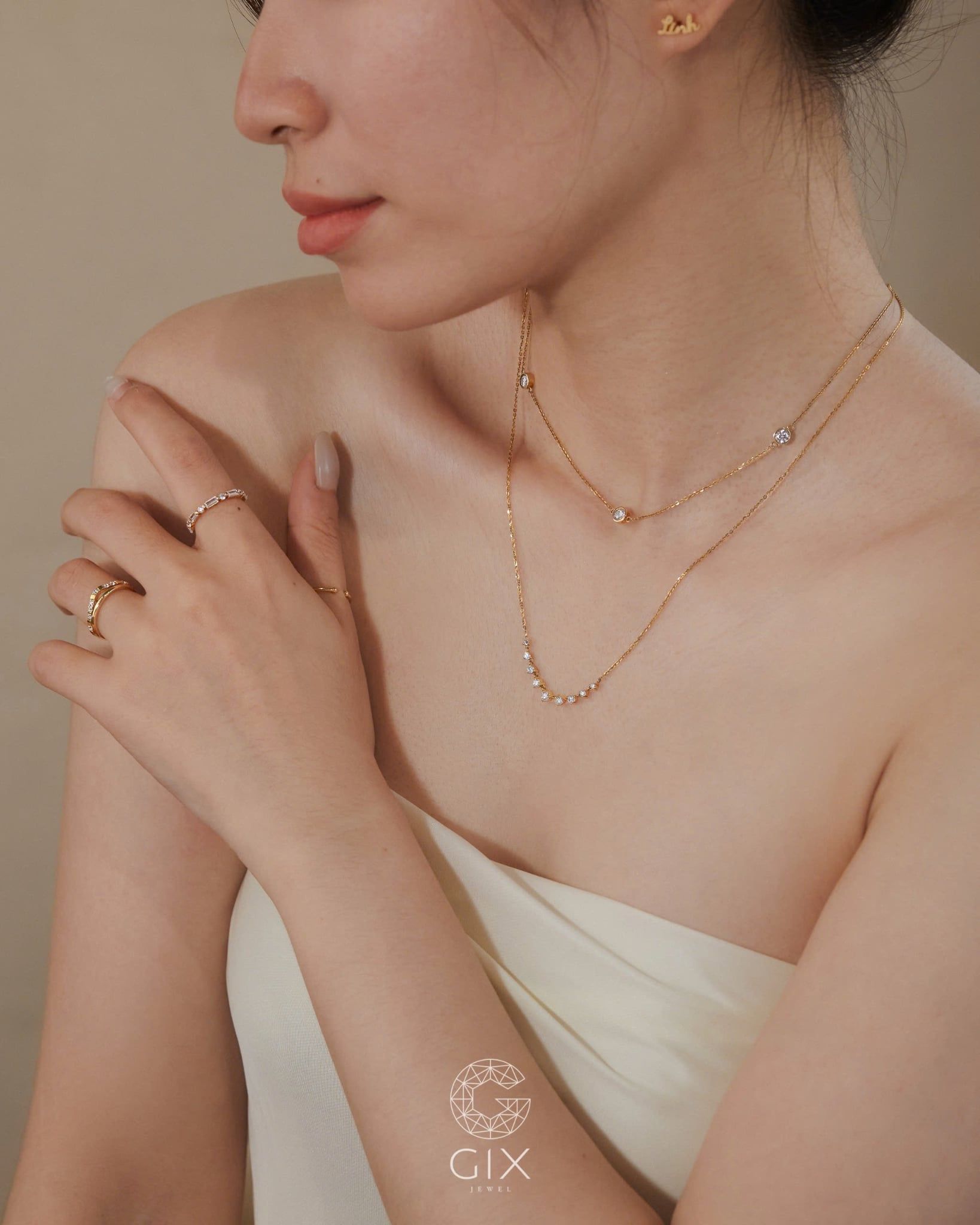  [CÓ SẴN] Dây chuyền vàng 14k 3 mặt đá chấu bao | Gix Jewel 