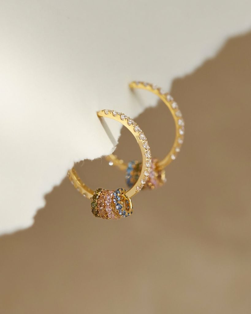 Bông tai cho u50 tòn ten vàng 18k hình tròn lớn đính đá đẹp Gix Jewel