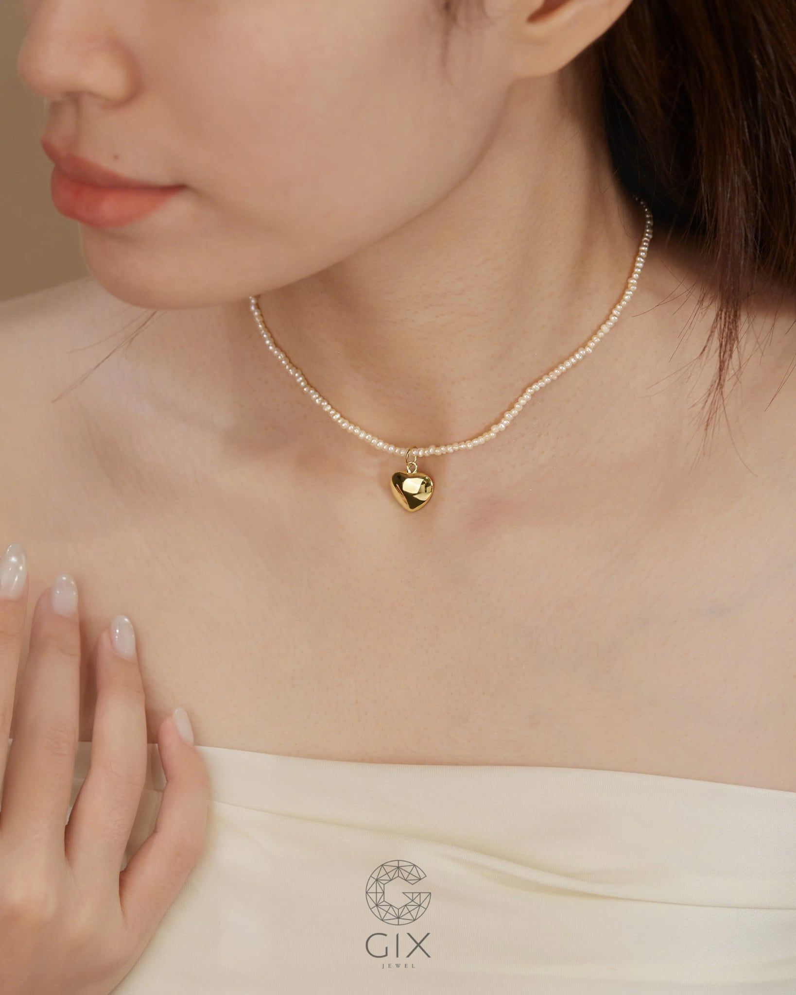  Vòng cổ ngọc trai mặt trái tim phồng - GNL25050304 | Gix Jewel 