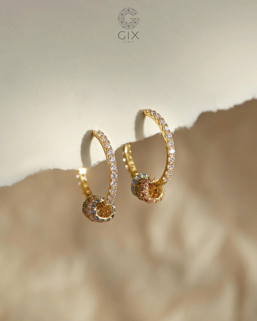 Bông tai cho u50 tòn ten vàng 18k hình tròn lớn đính đá đẹp Gix Jewel