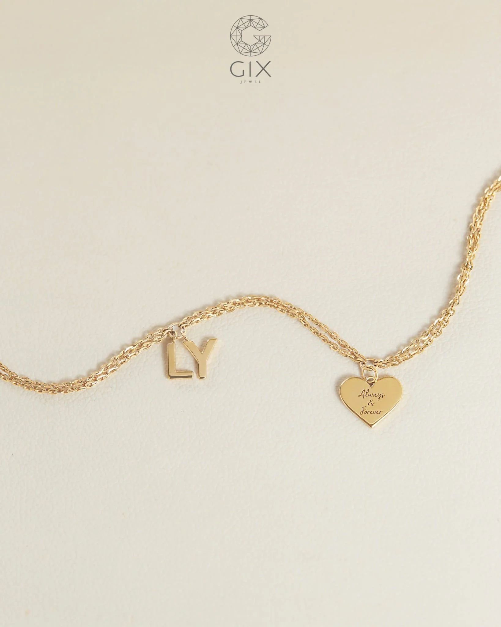  [CÓ SẴN] Lắc tay tim gắn chữ LY vàng hồng 14k - 16.5cm 