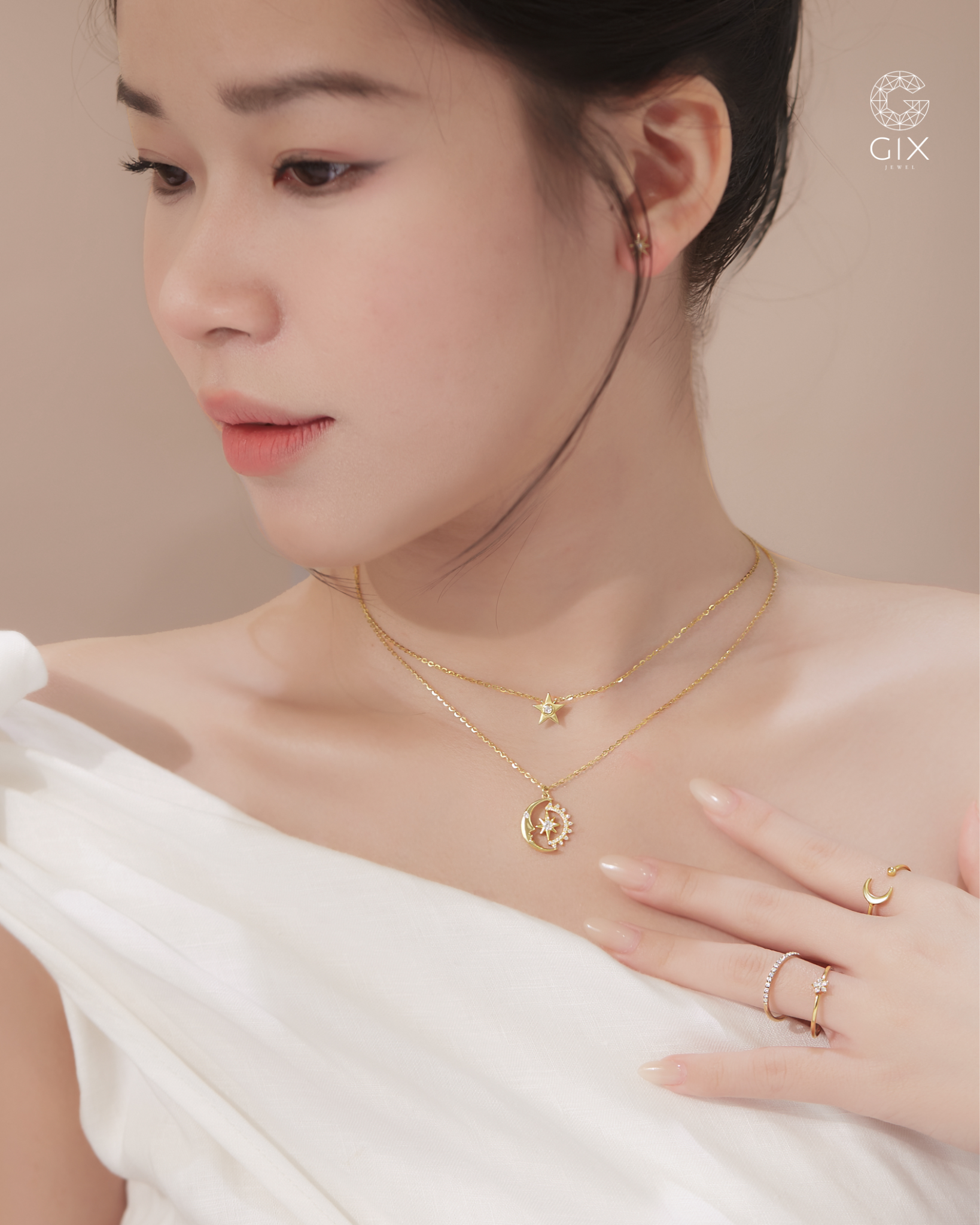  Dây chuyền vàng tây 18k hình sao trăng đính đá - Blooming Aura | Gixjewel 