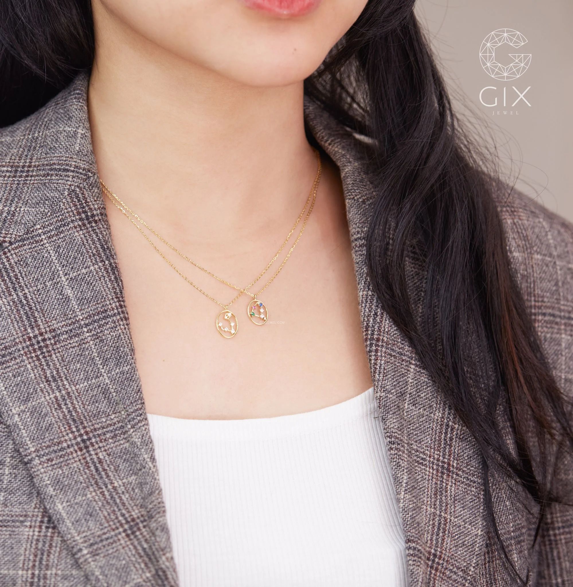  [CÓ SẴN] Dây chuyền vàng 14k cung hoàng đạo đính đá cầu vồng - 42cm 