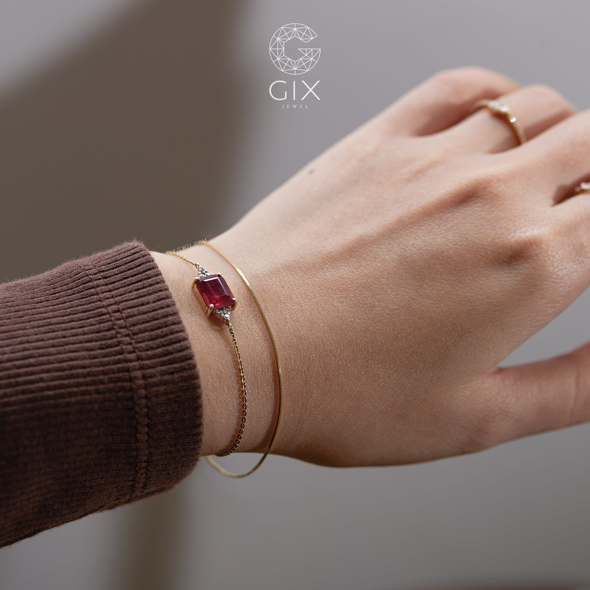  [CÓ SẴN] Lắc tay vàng 14k Ruby chữ nhật - 15cm 