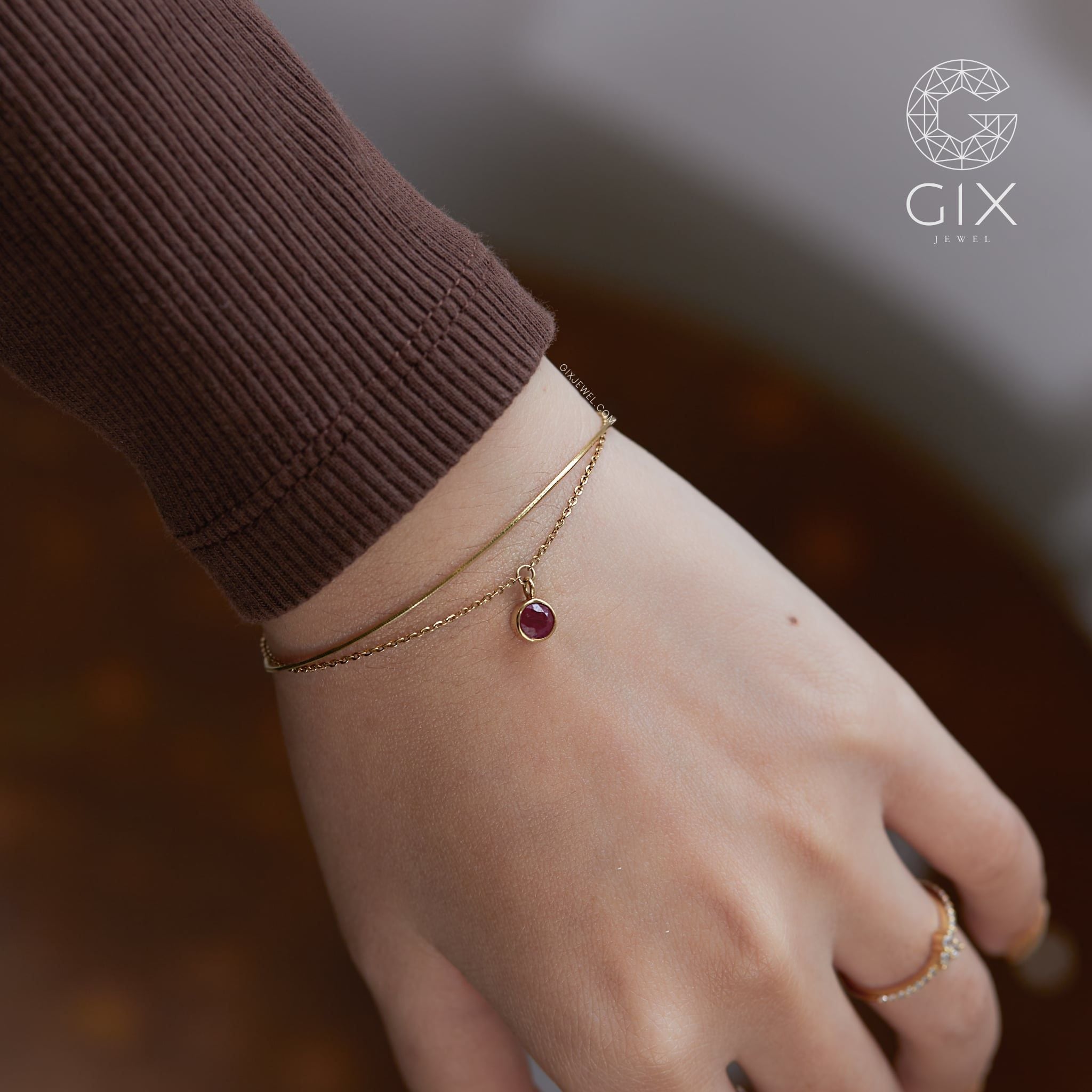  [CÓ SẴN] Lắc tay vàng 14k gắn đá Ruby ổ bao - 21.5cm 