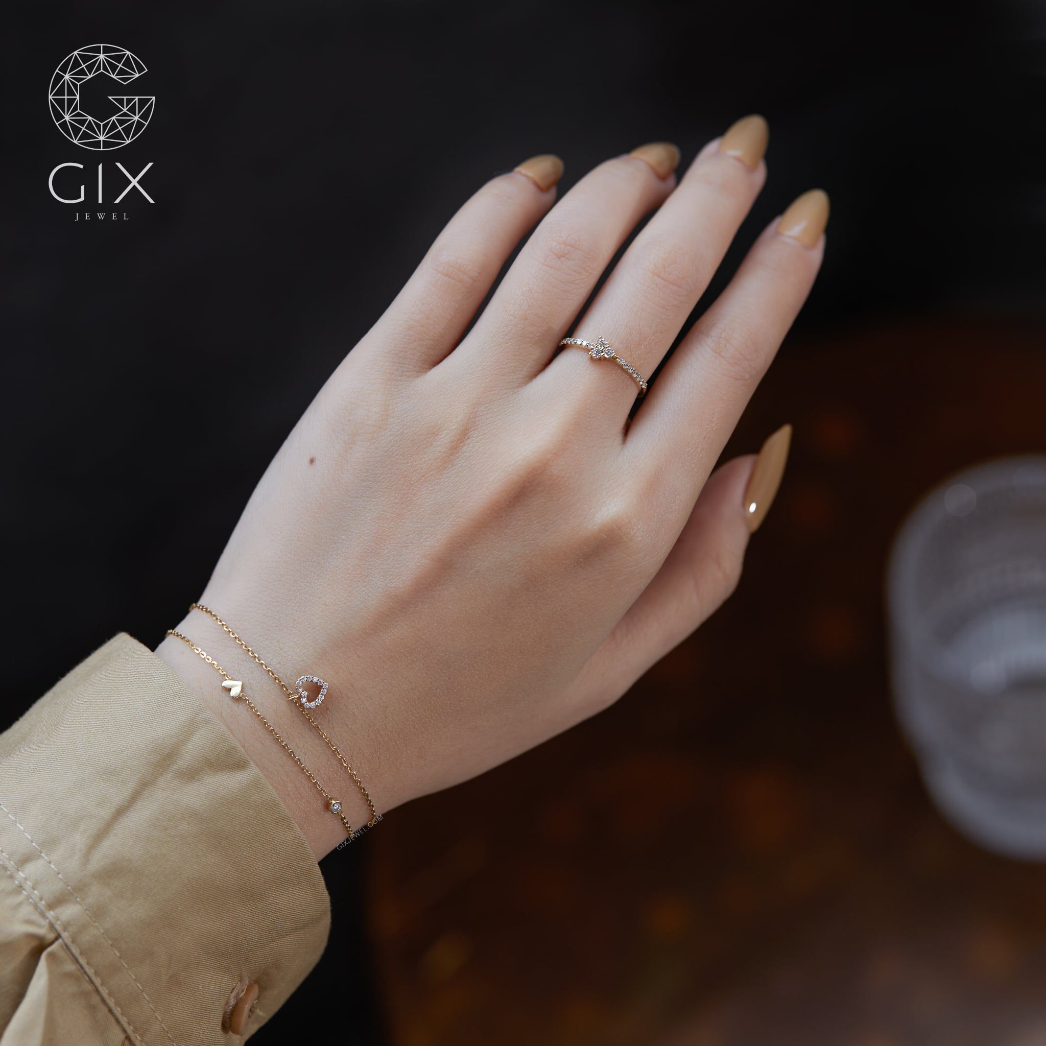  [CÓ SẴN] Lắc tay vàng 14k gắn tim kèm 2 viên kim cương 2li - 18cm 
