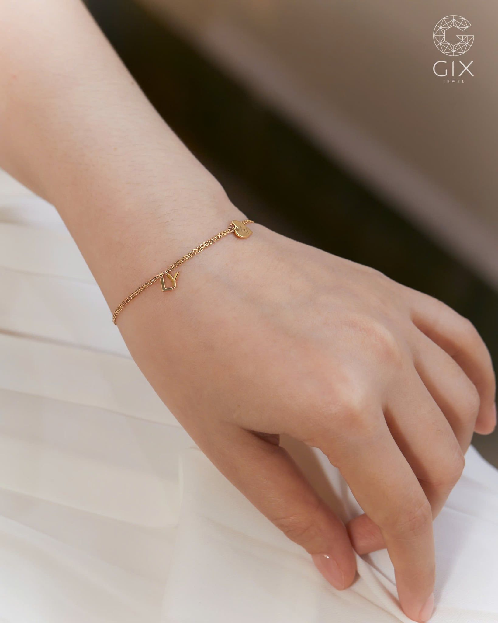  [CÓ SẴN] Lắc tay tim gắn chữ LY vàng hồng 14k - 16.5cm 