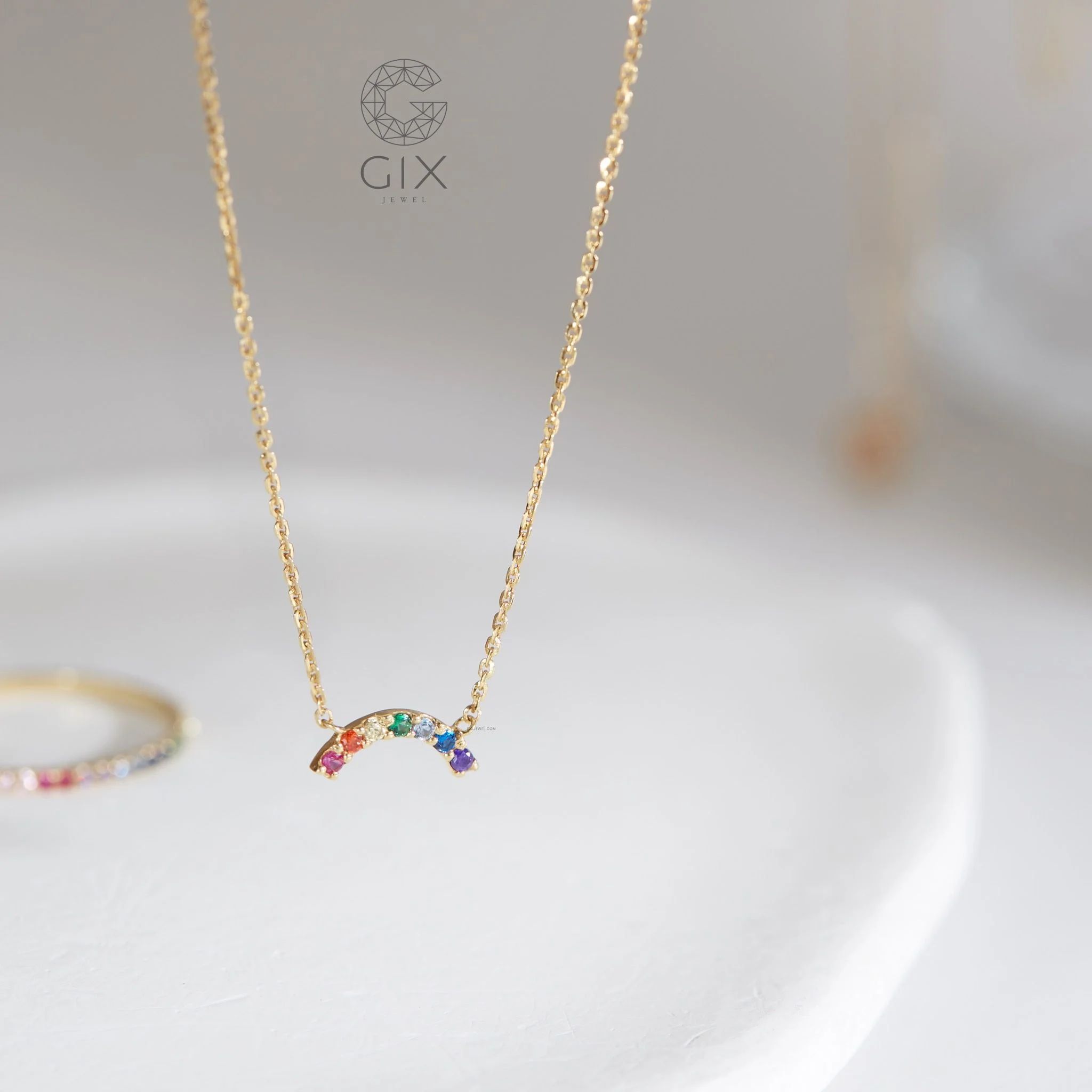 [CÓ SẴN] Dây chuyền vòng cung đính đá cầu vồng vàng 14k - 41cm 