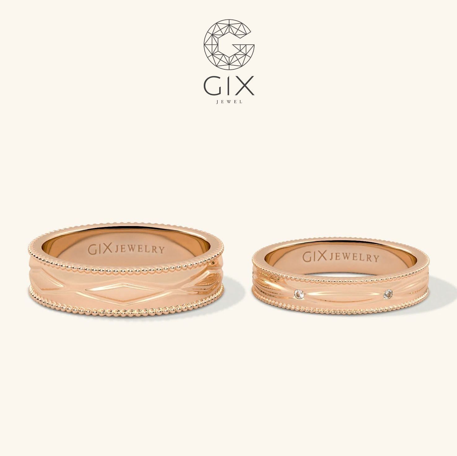  Nhẫn cưới đôi vàng trắng đơn giản thiết kế riêng đính đá đẹp Gix Jewel 