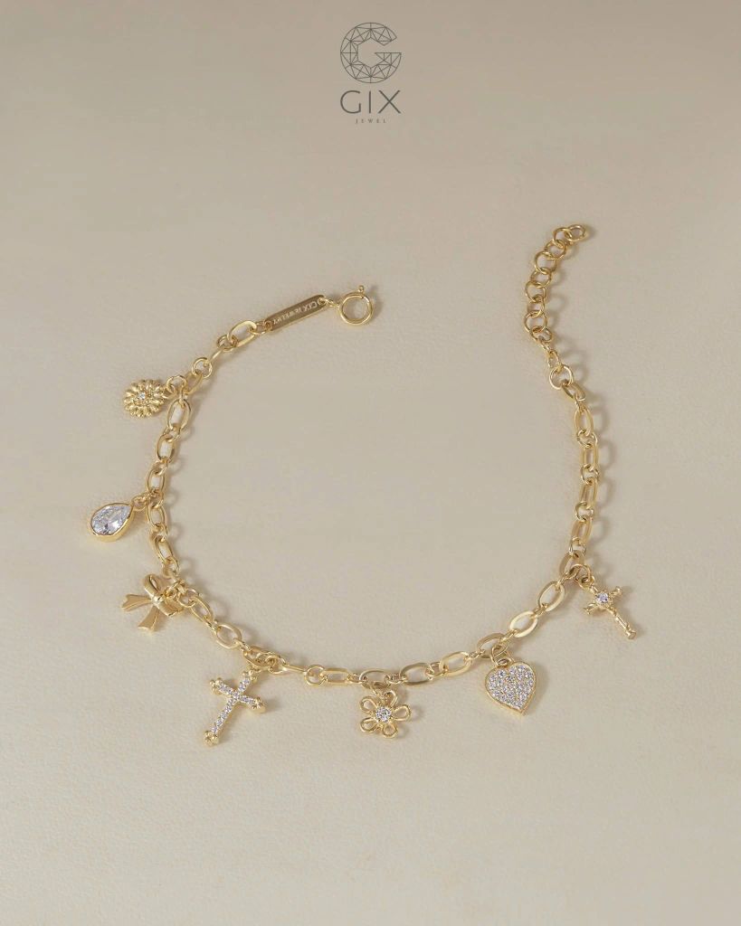 [CÓ SẴN] Lắc tay xích bạc mạ vàng gắn charm