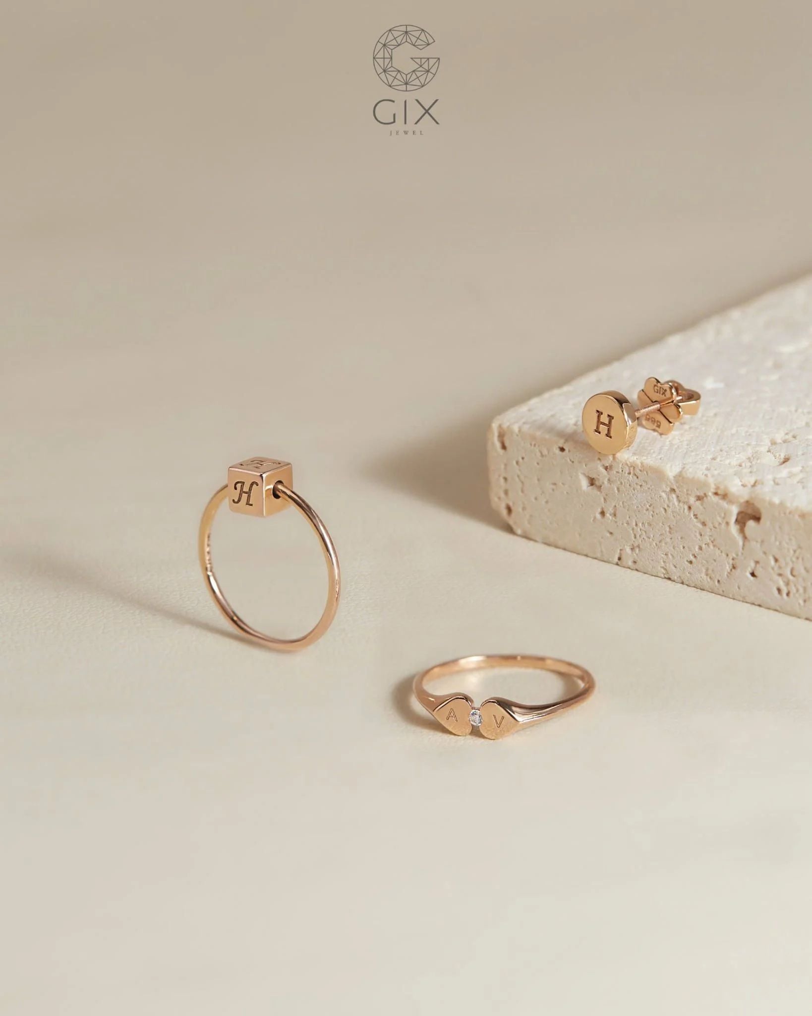  [CÓ SẴN] Nhẫn mặt rubik xoay vàng hồng 14k - ni 4 