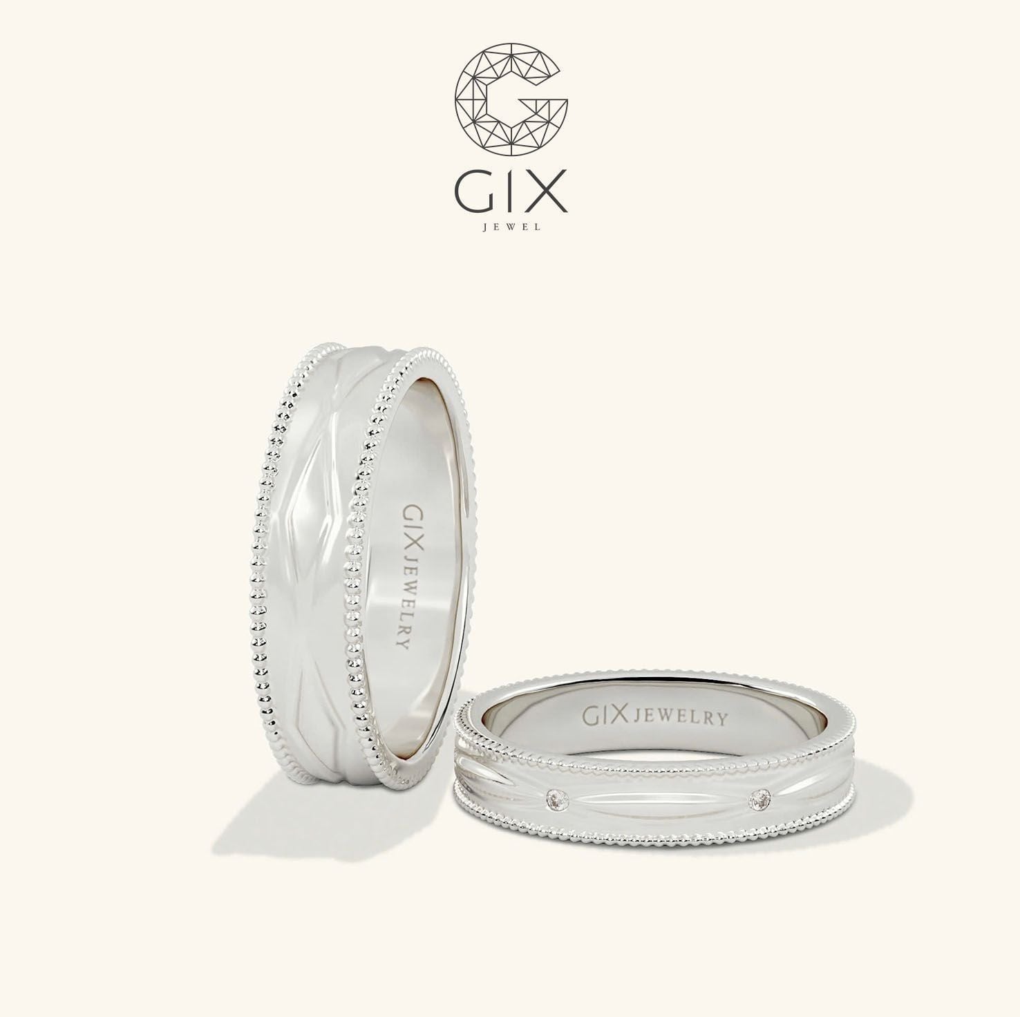  Nhẫn cưới đôi vàng trắng đơn giản thiết kế riêng đính đá đẹp Gix Jewel 