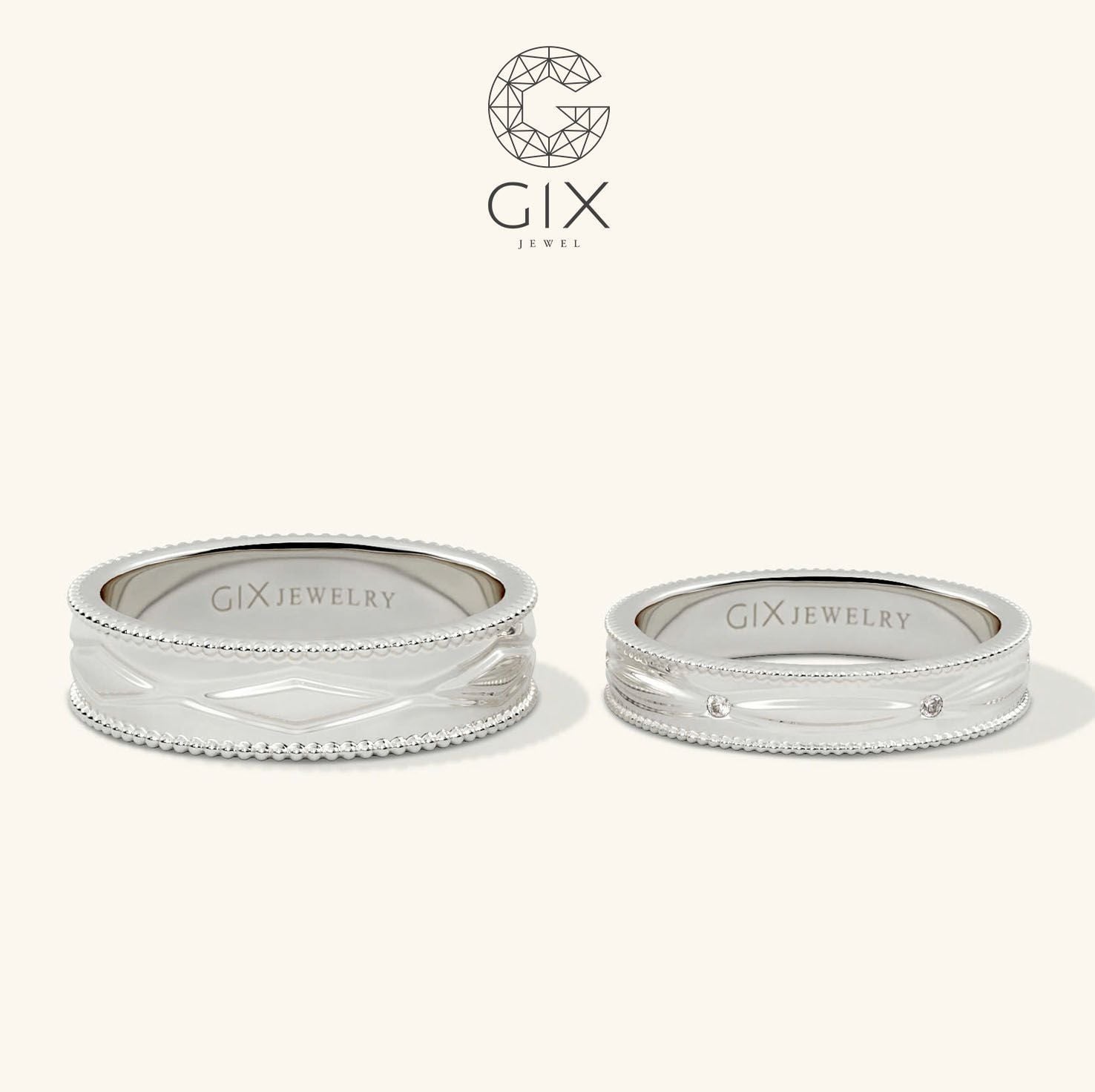  Nhẫn cưới đôi vàng trắng đơn giản thiết kế riêng đính đá đẹp Gix Jewel 