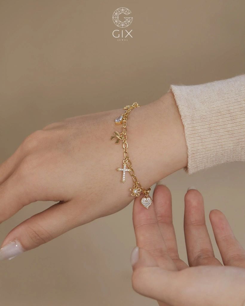 [CÓ SẴN] Lắc tay xích bạc mạ vàng gắn charm