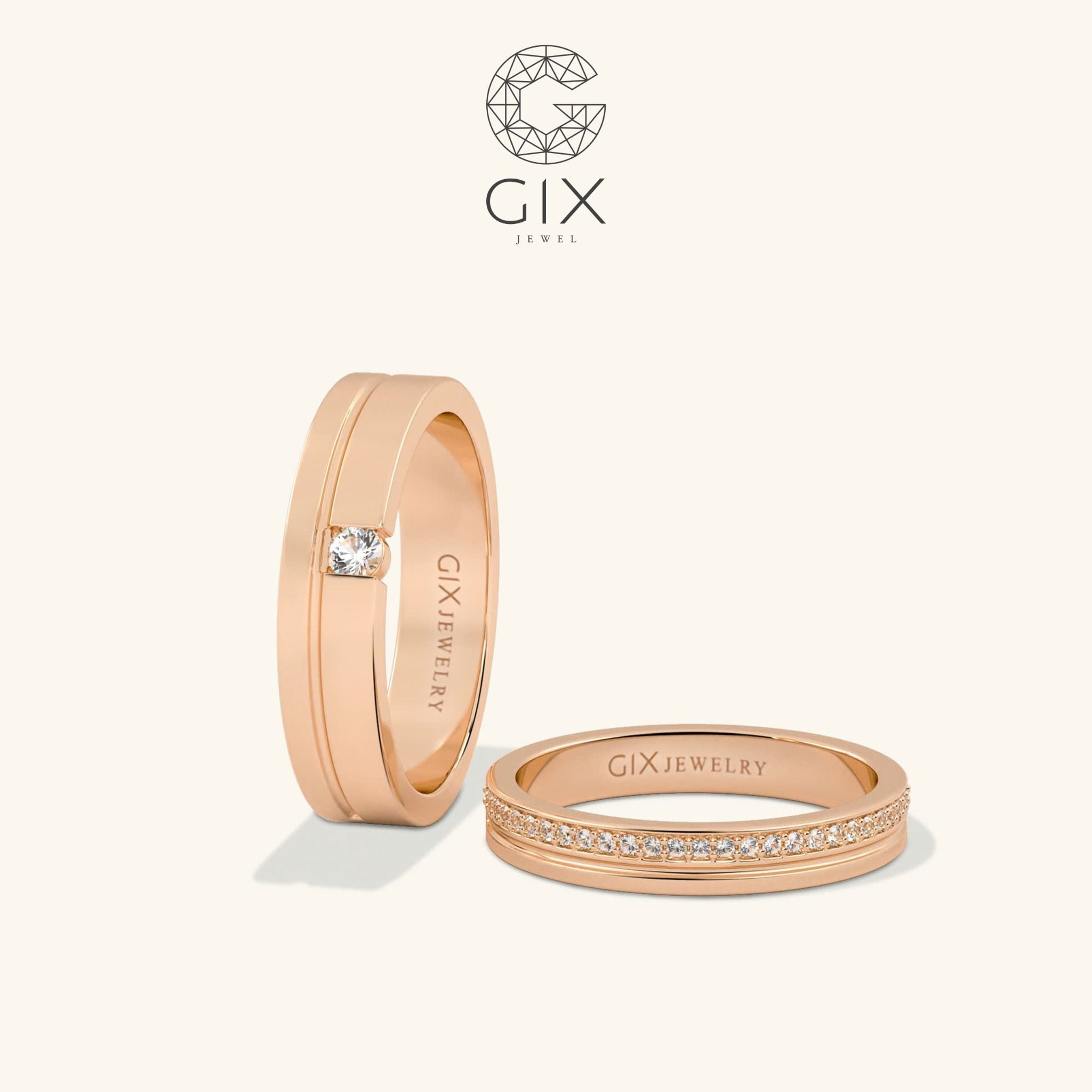  Nhẫn cưới vàng 18K bản vuông đính đá khắc tên - GCR25050035 