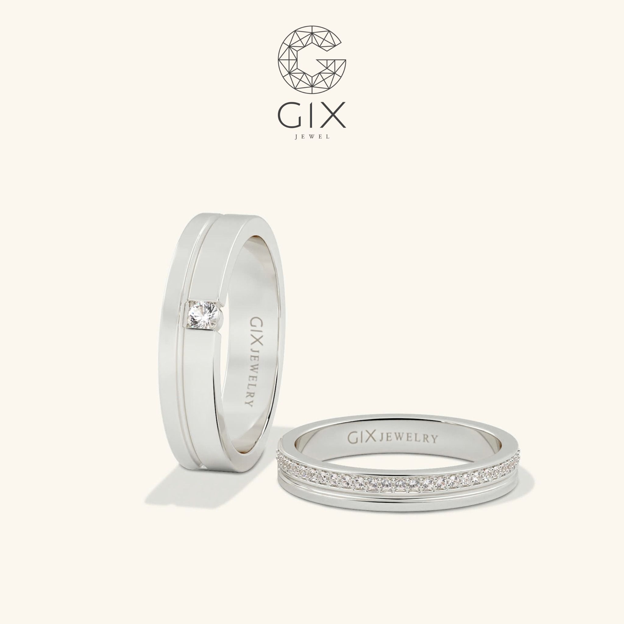  Nhẫn cặp bản vuông đính đá khắc tên Gix Jewel - GCR25050035 