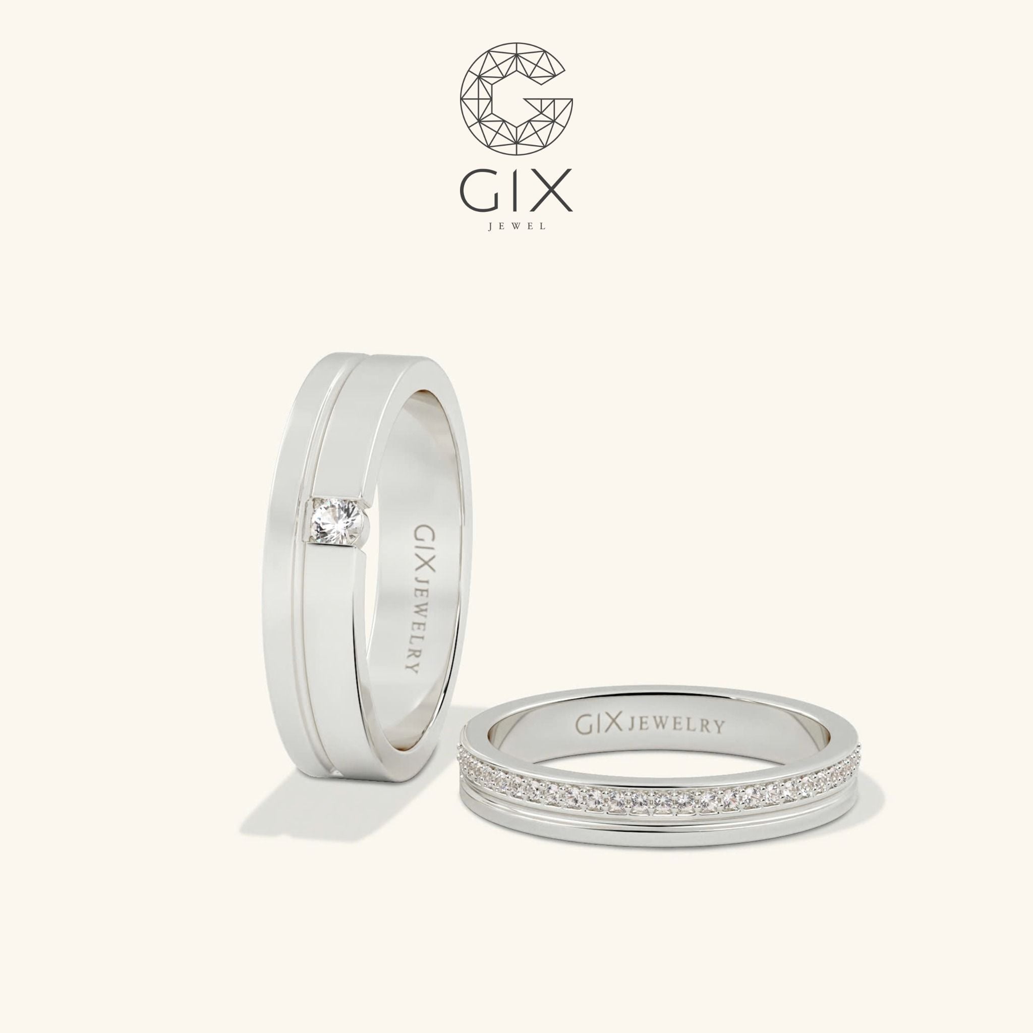  Nhẫn cưới vàng 10k bản vuông đính đá khắc tên - GCR25050035 