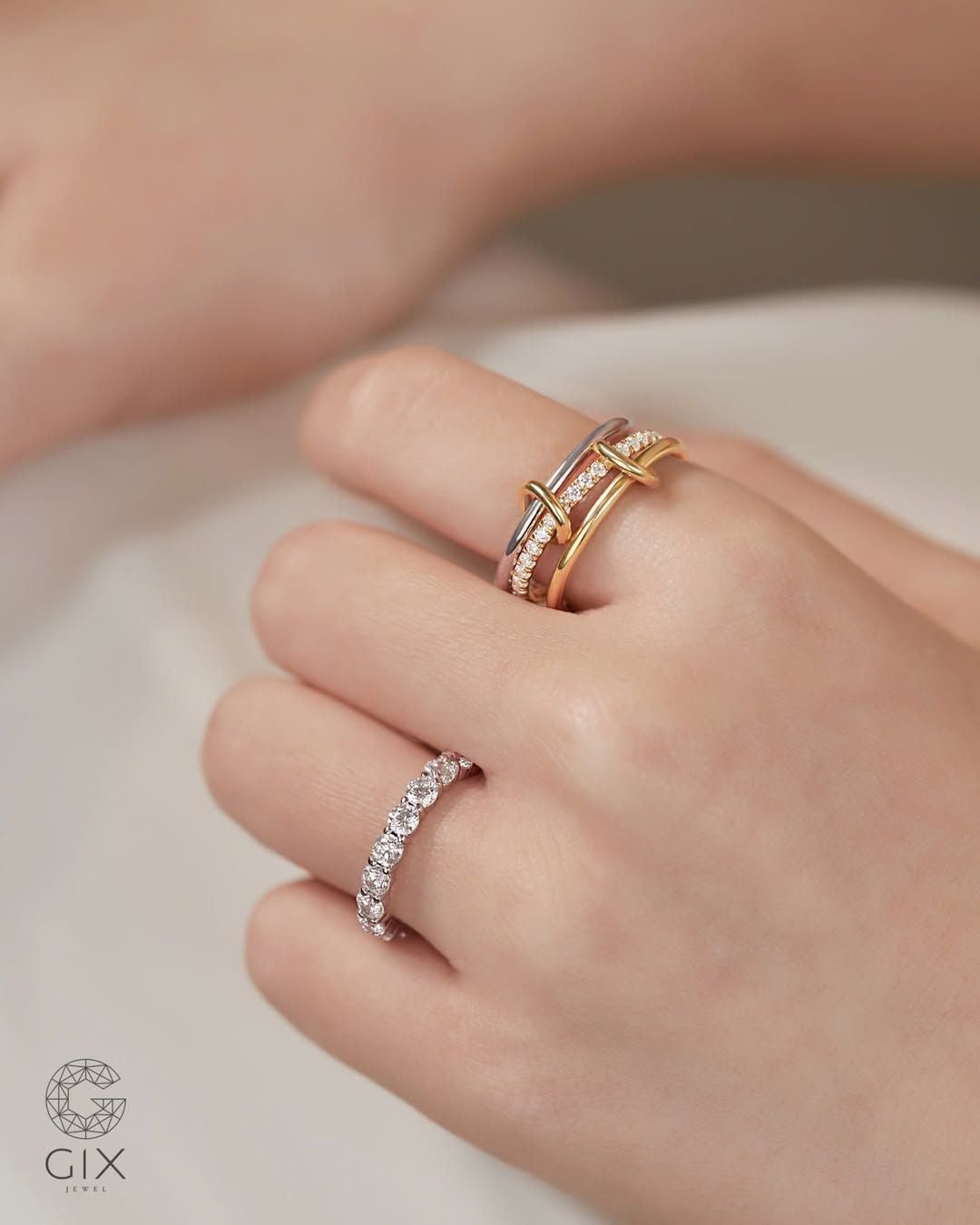  Nhẫn nữ vàng 18k & bạc đẹp xếp chồng nhiều lớp - Trinity Ring | Gix Jewel 