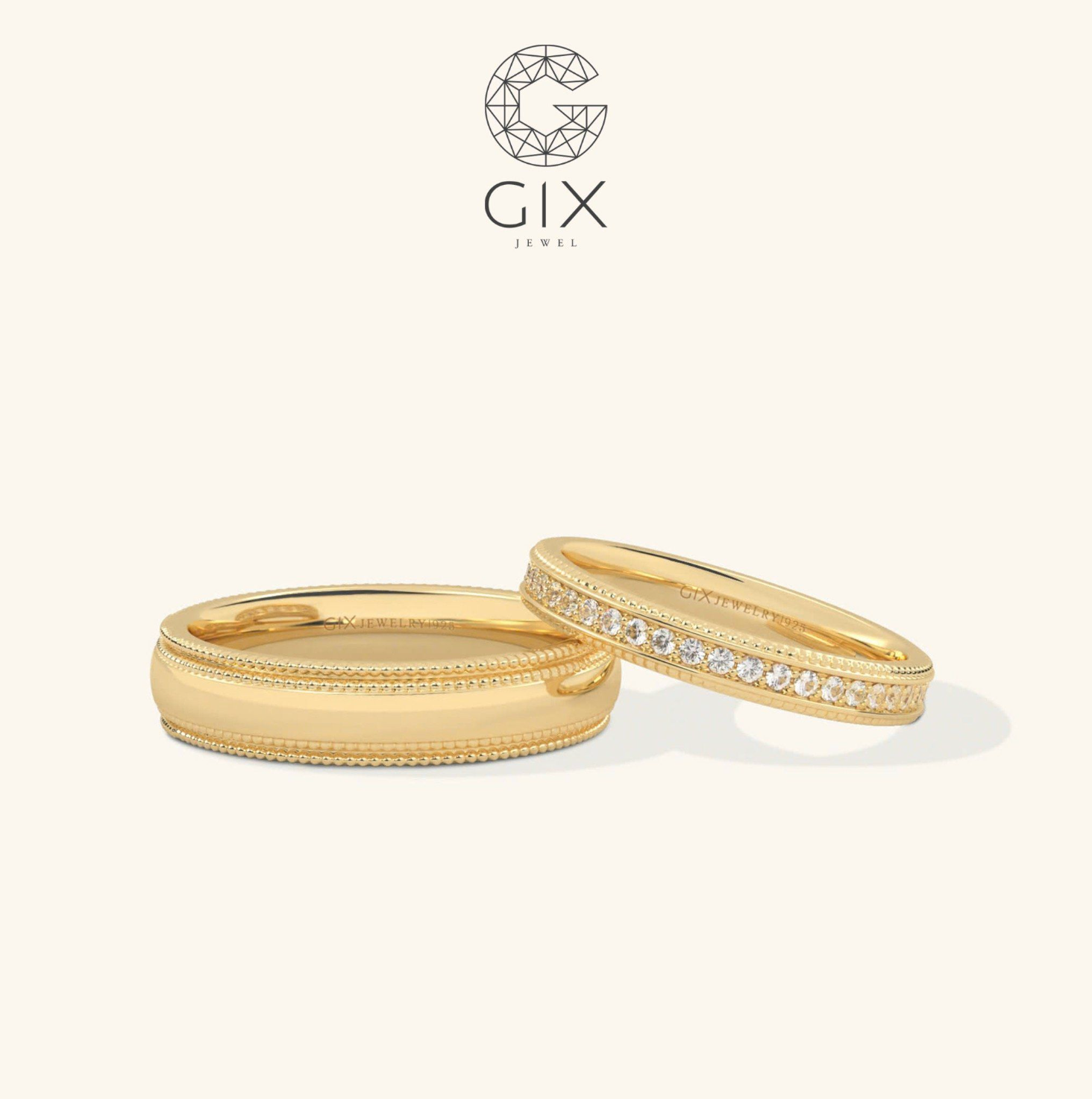  Nhẫn cưới vàng tây 610 đẹp đính kim cương tấm Gix - GCR25050094 