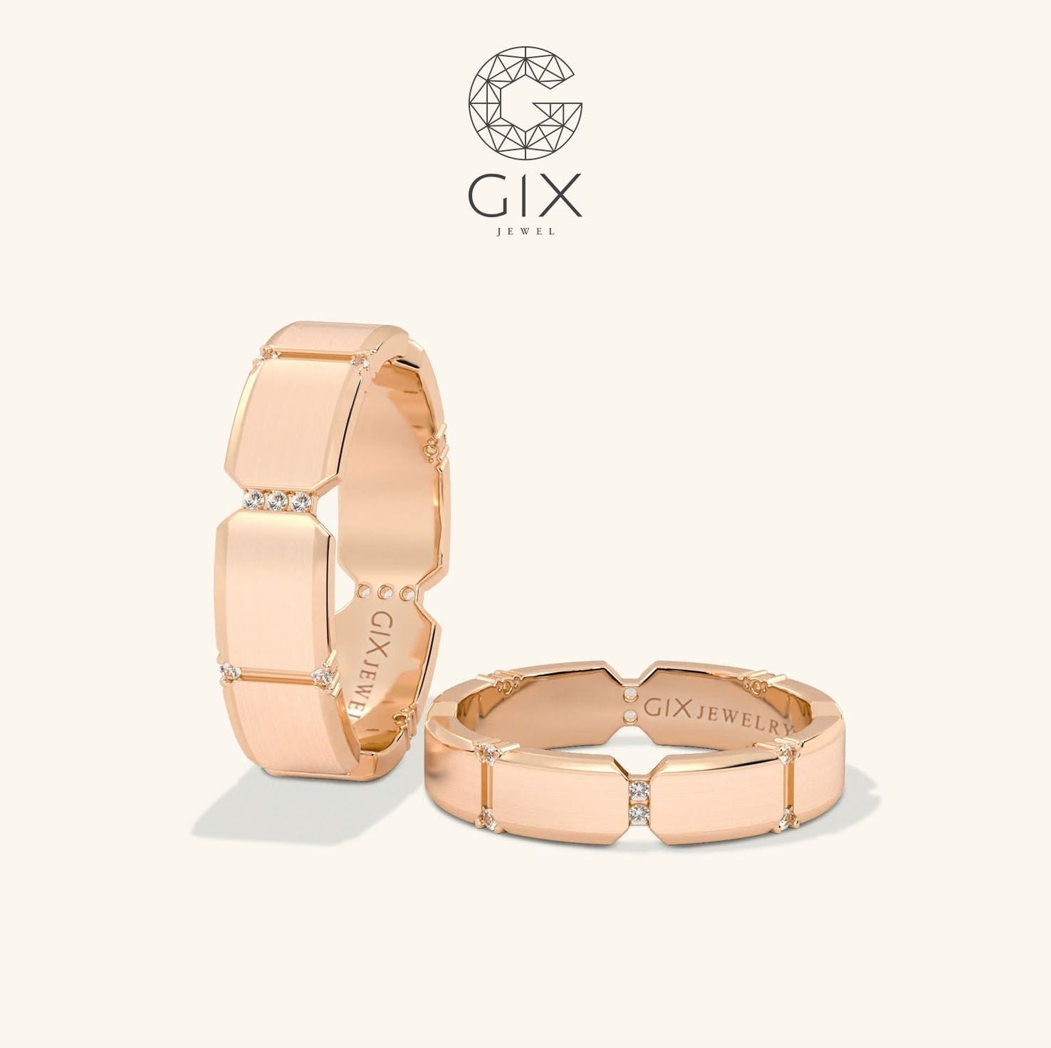  Nhẫn cưới vàng tây 18k khắc hoa văn đính đá cao cấp Gix - GCR25050069 