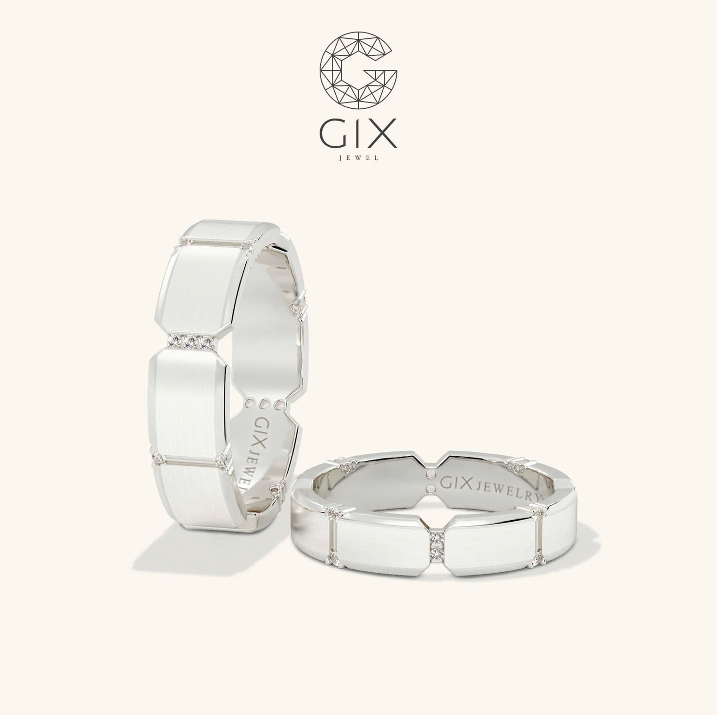 Nhẫn cưới vàng tây 18k khắc hoa văn đính đá cao cấp Gix - GCR25050069 