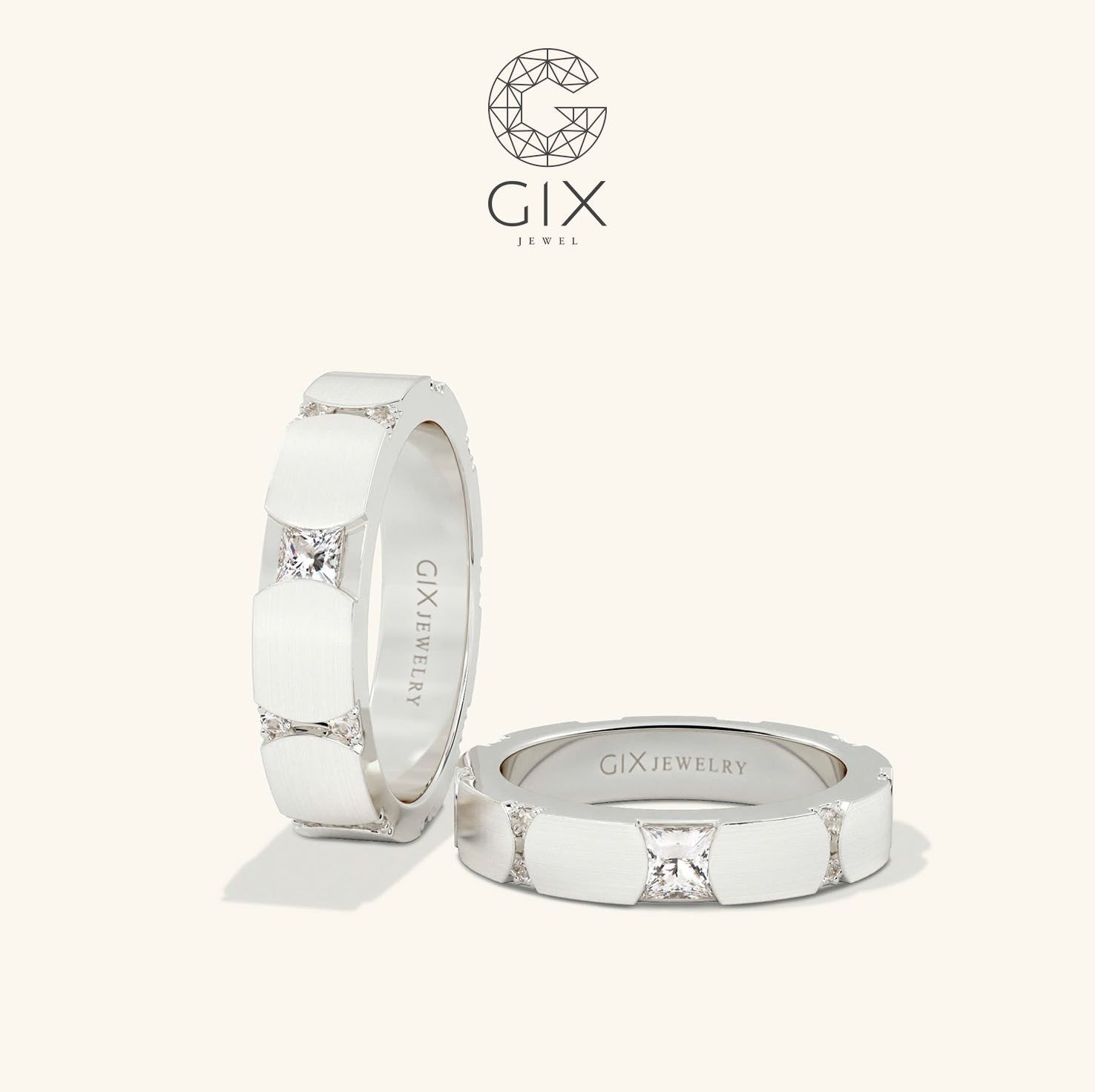  Nhẫn đôi đính Moissanite bản to khắc chữ Gix - GCR25050070 