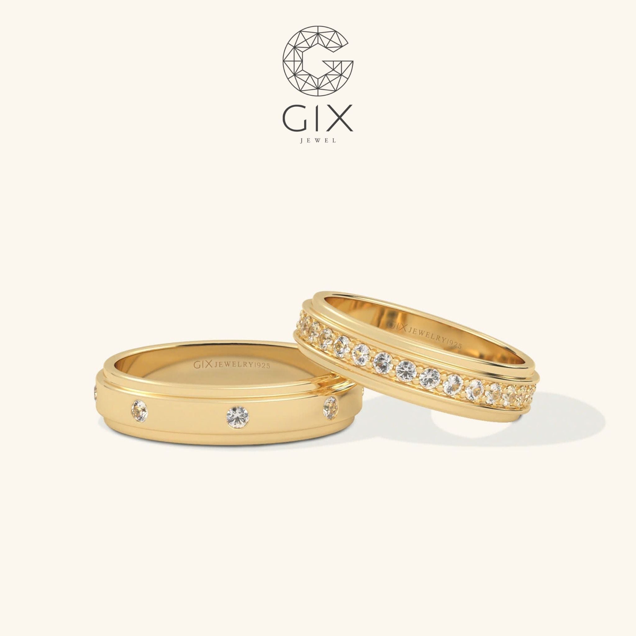  Nhẫn cưới xoay vàng tây 18k đính kim cương khắc tên Gix Jewel - GCR25050099 