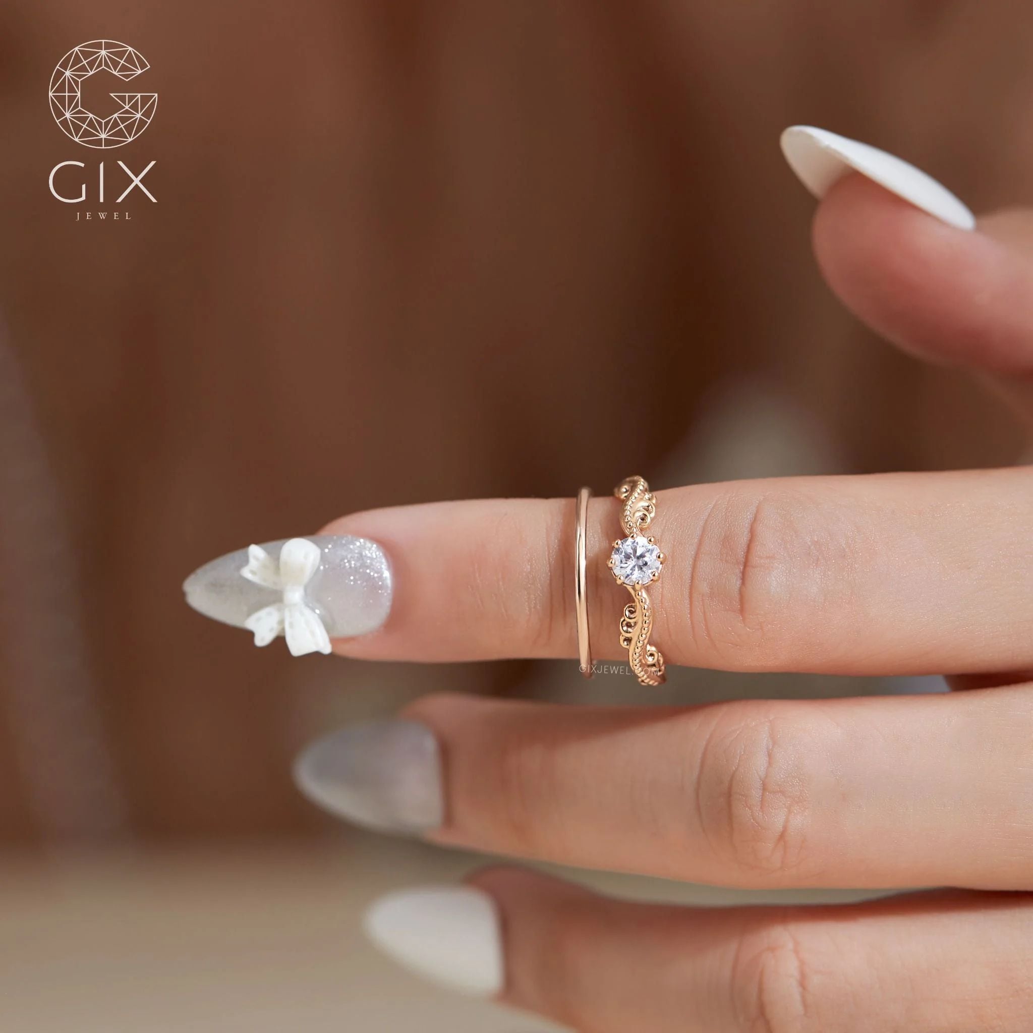  [CÓ SẴN] Nhẫn đai hoa văn đính 1 viên đá vàng hồng 14k - ni 10 