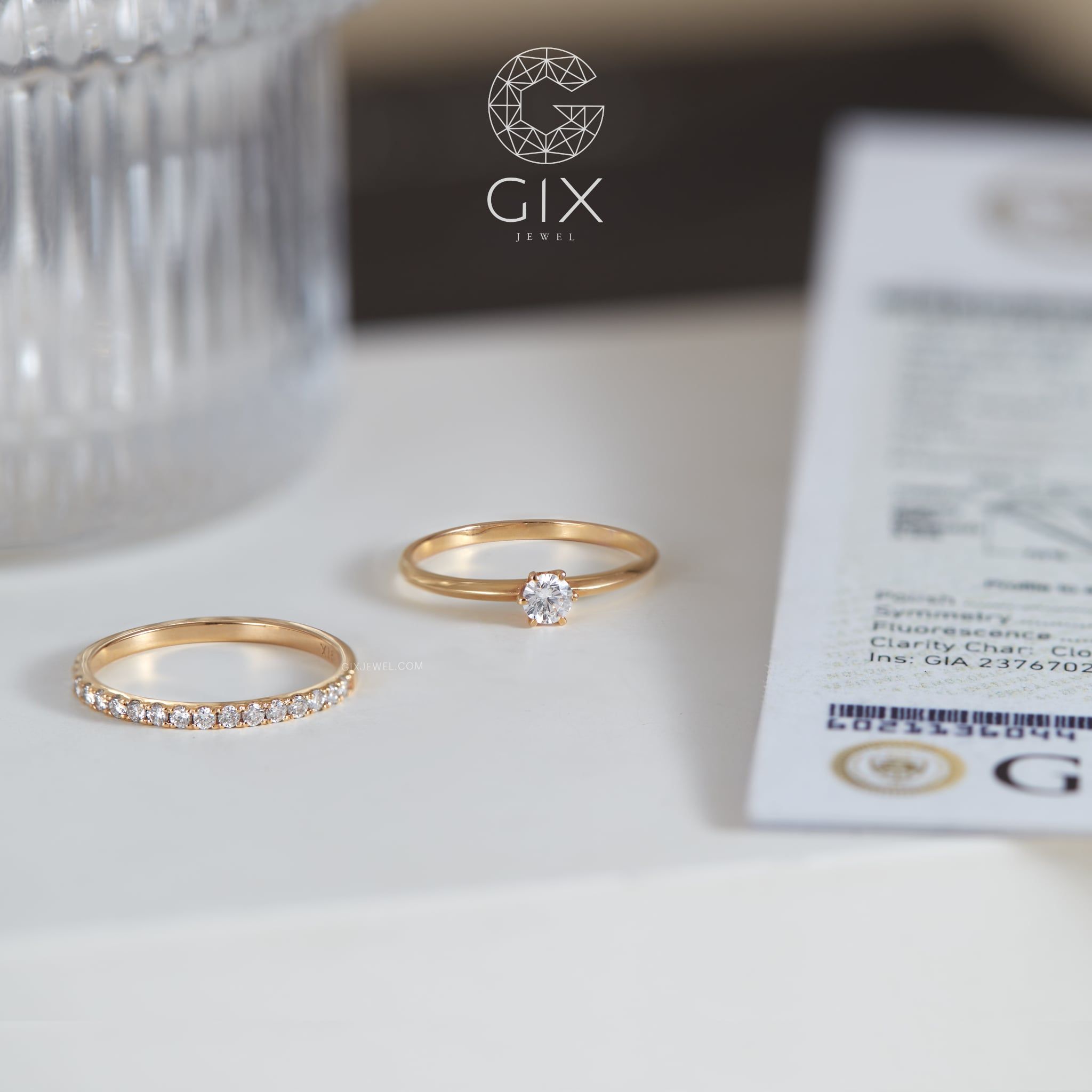  [CÓ SẴN] Set nhẫn vàng hồng 14K đính kim cương tấm 