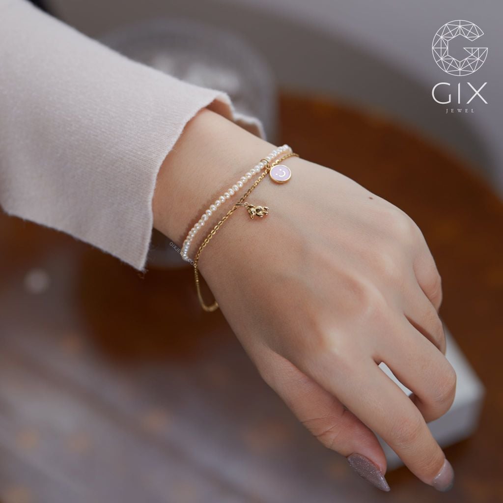 [CÓ SẴN] Lắc ngọc trai mặt cười vàng 14k - 22cm