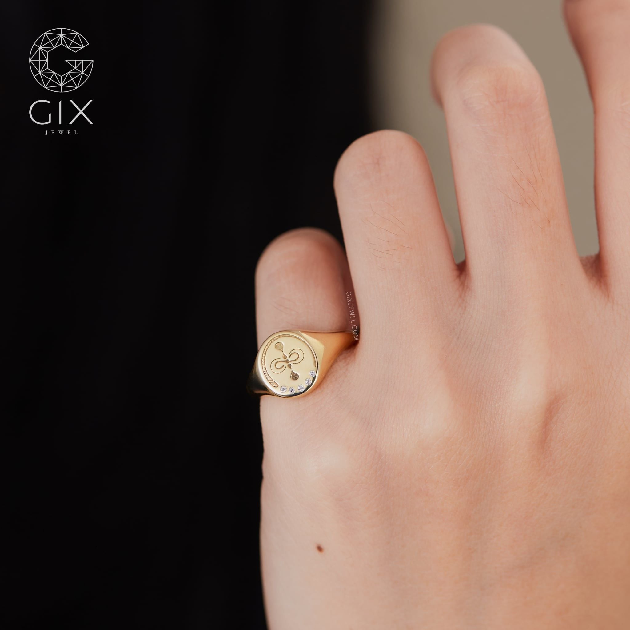  [CÓ SẴN] Nhẫn signet 14k mặt tròn khắc họa tiết đính đá - ni 11 