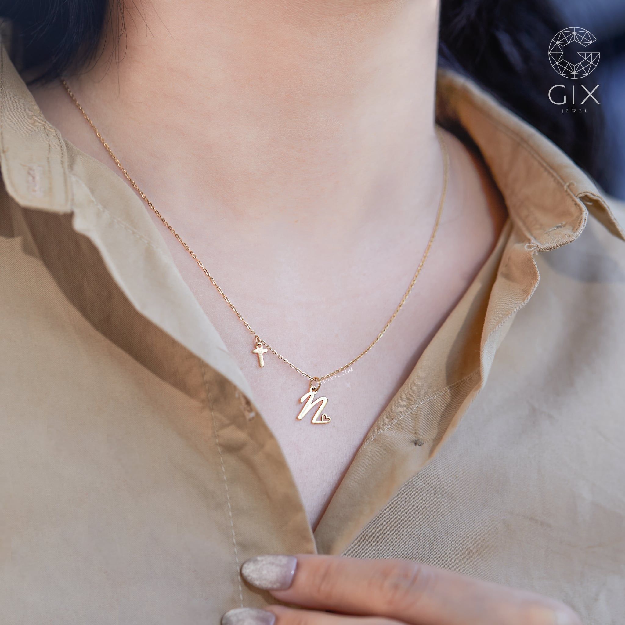  [CÓ SẴN] Dây chuyền chữ N kèm charm T vàng vàng 14k | Gix Jewel 