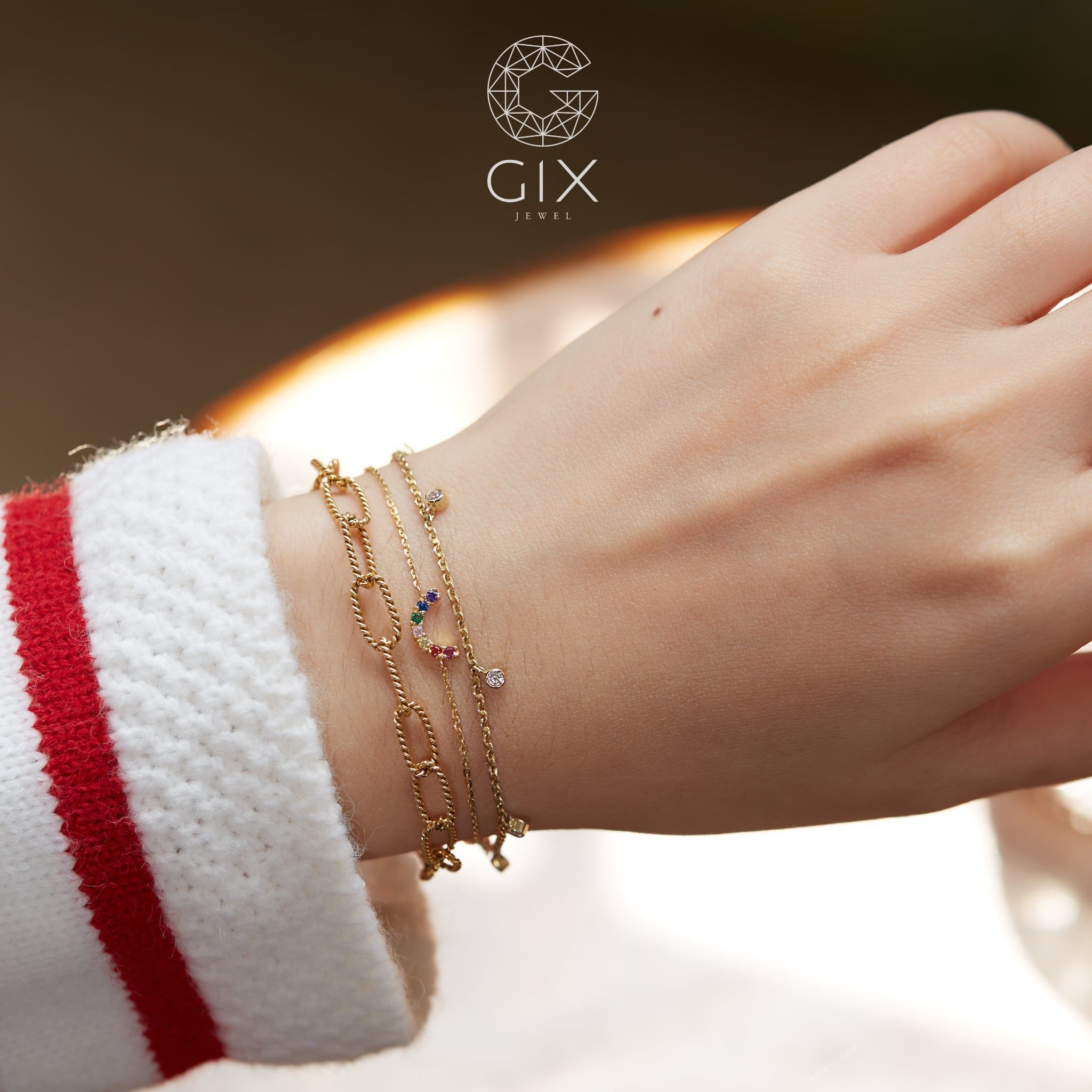  [CÓ SẴN] Lắc tay vàng 14k vòng cung đính đá cầu vồng - 16.5cm 