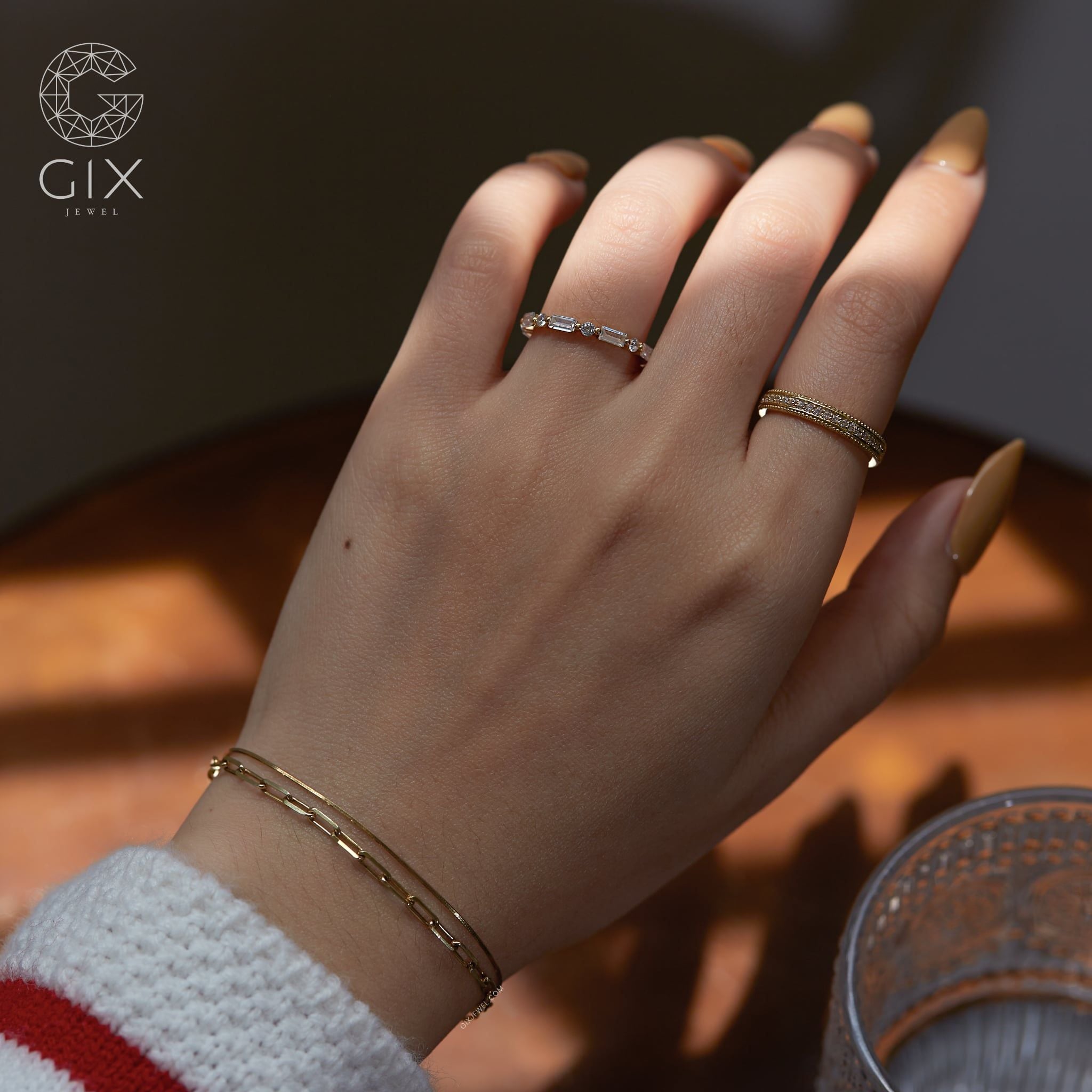  [CÓ SẴN] Nhẫn vàng 14k đính đá chữ nhật và tròn xen kẽ nửa vòng - ni 10 