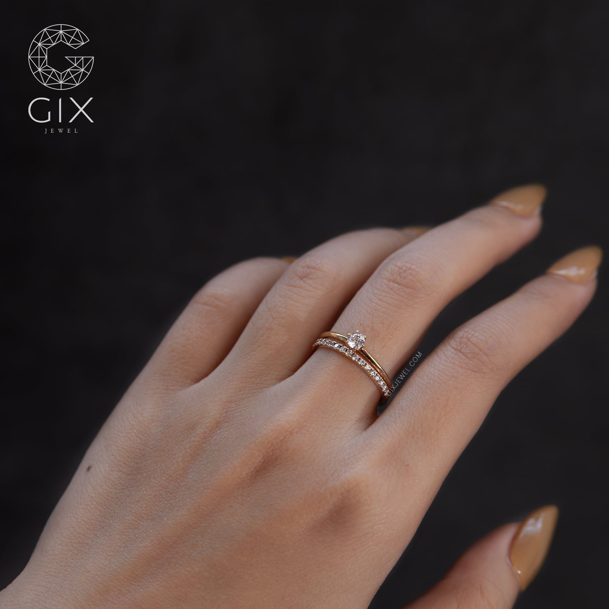  [CÓ SẴN] Set nhẫn vàng hồng 14K đính kim cương tấm 