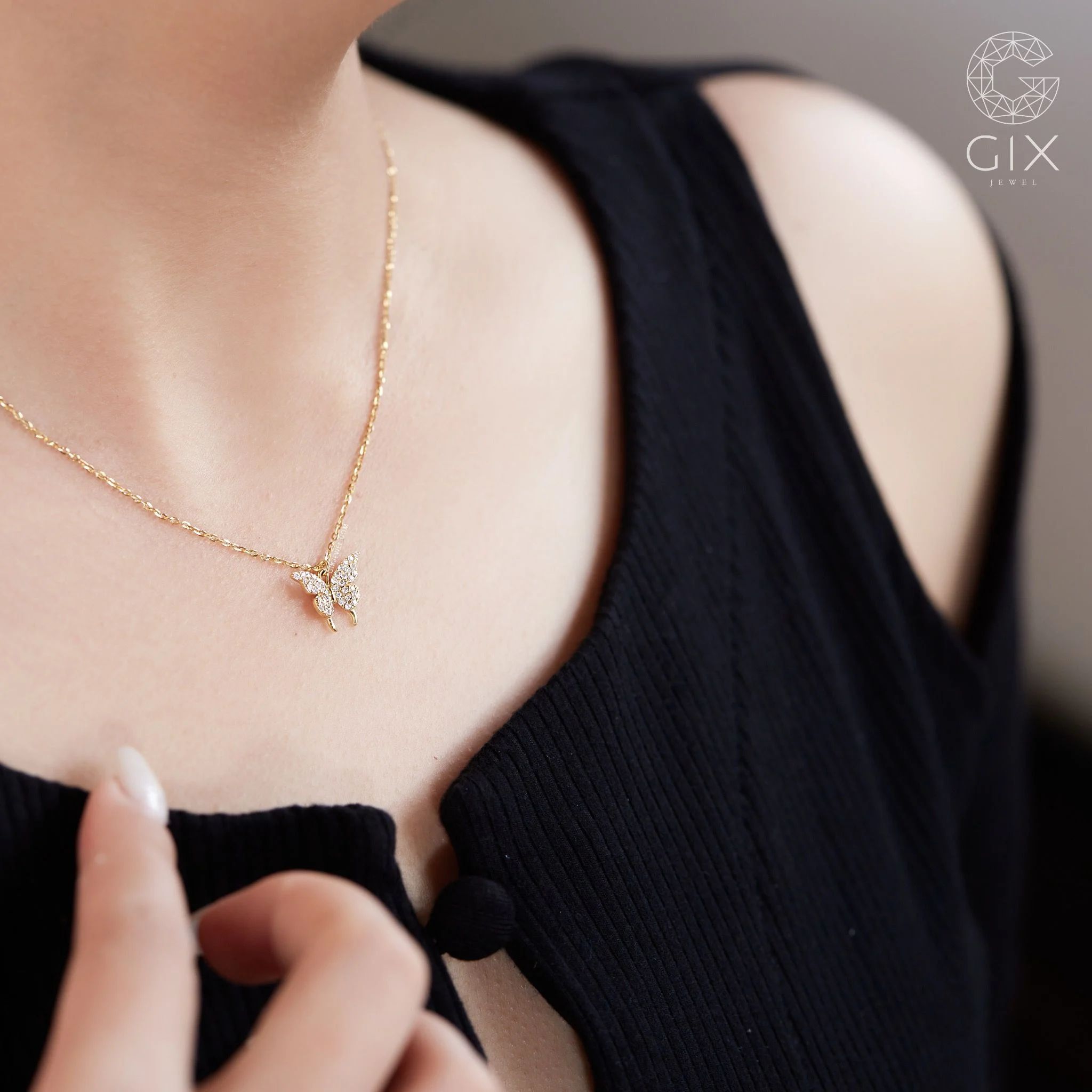  [CÓ SẴN] Dây chuyền bướm đính Moissanite vàng vàng 14k | Gix Jewel 