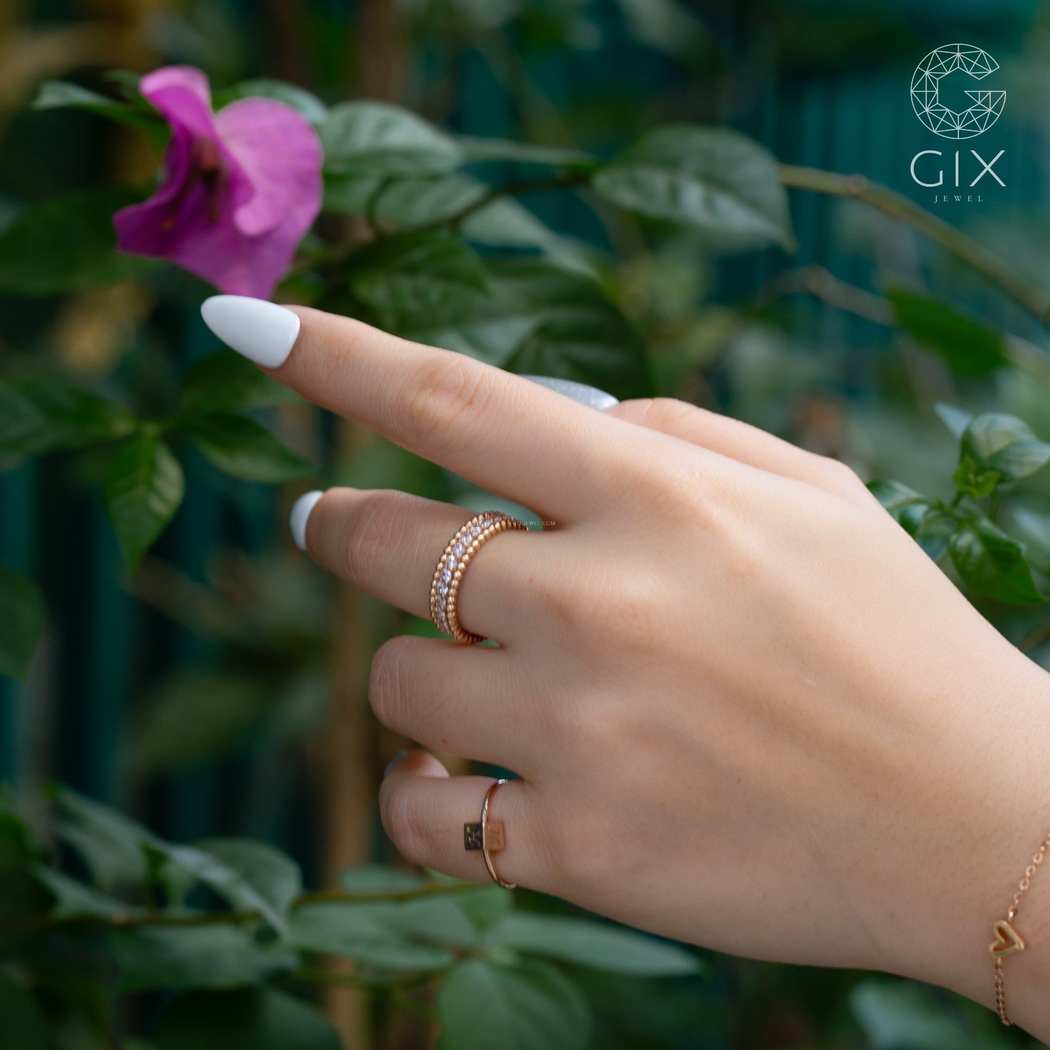  [CÓ SẴN] Nhẫn 2 viền bi đính đá vàng hồng 14k 