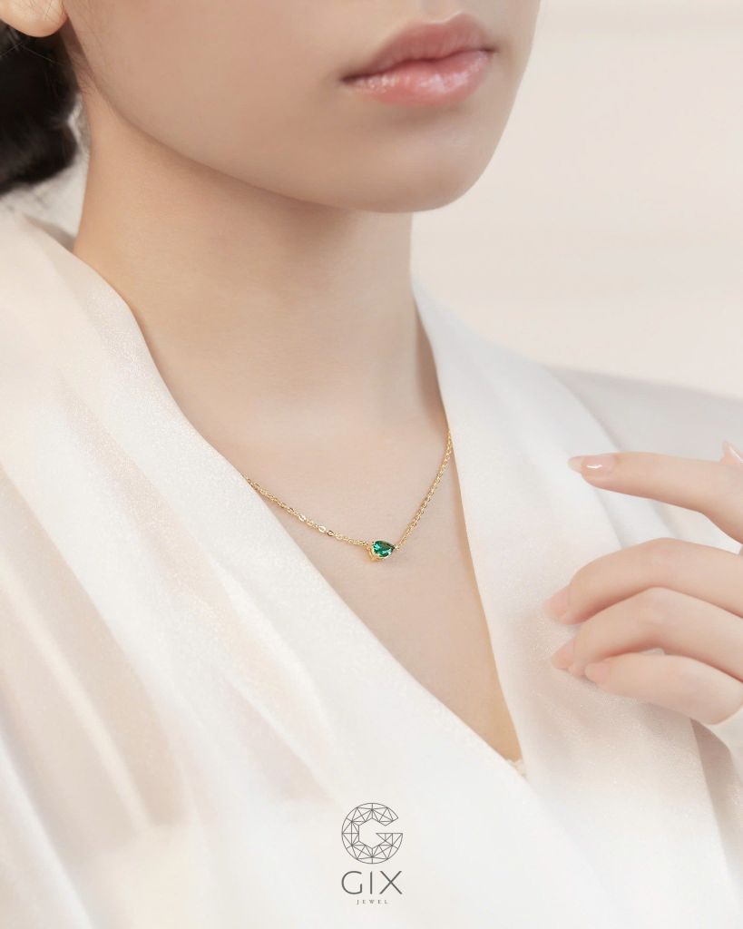  Dây chuyền đá xanh Emerald vàng tây & bạc đẹp - Emerald Tear | Gix Jewelry 