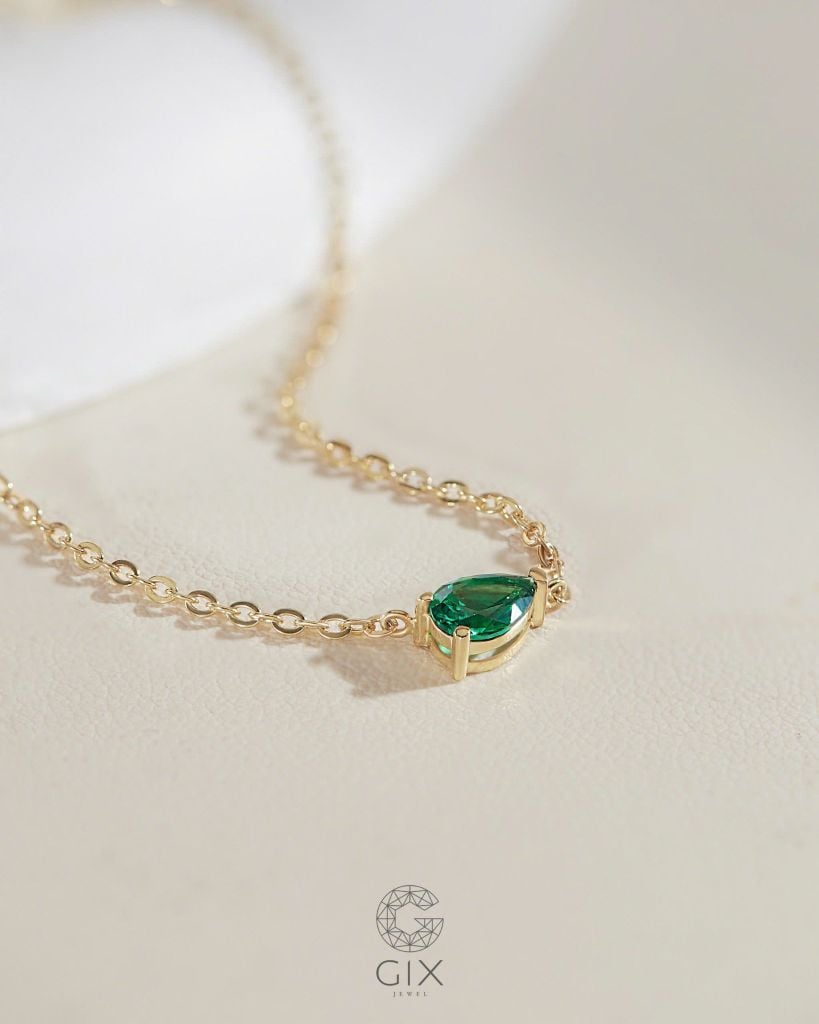  Dây chuyền đá xanh Emerald vàng tây & bạc đẹp - Emerald Tear | Gix Jewelry 