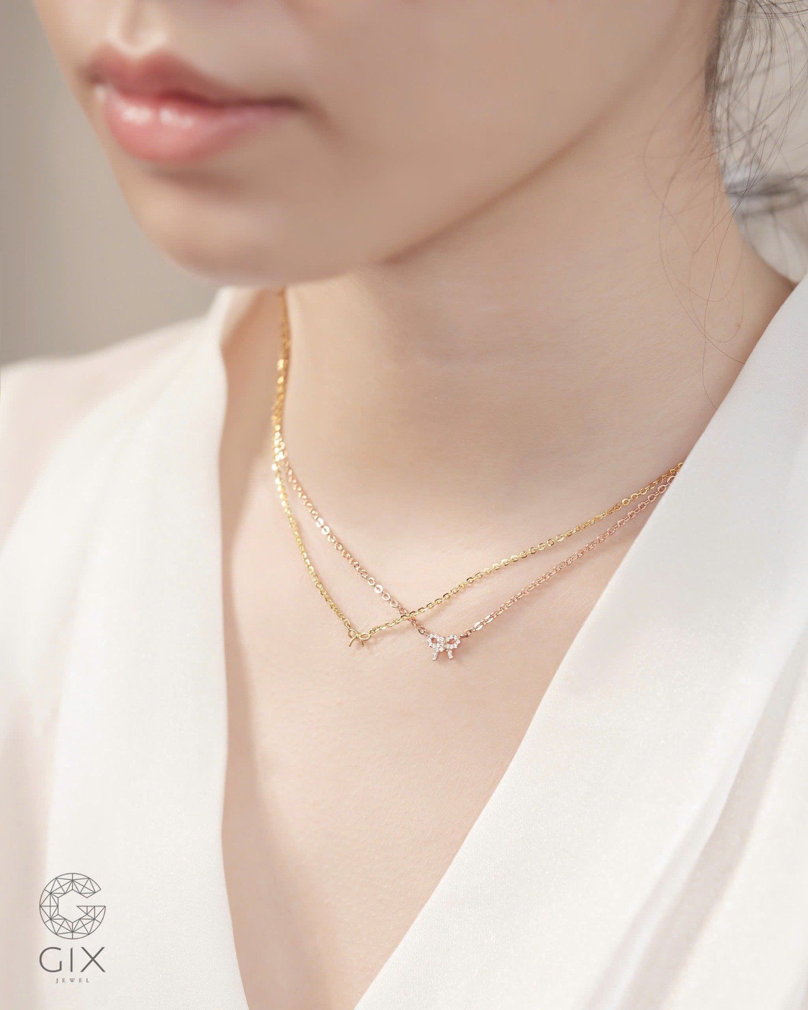  Dây chuyền nơ vàng & bạc đẹp sợi mảnh đính đá - Ribbon Charm | Gix Jewelry 